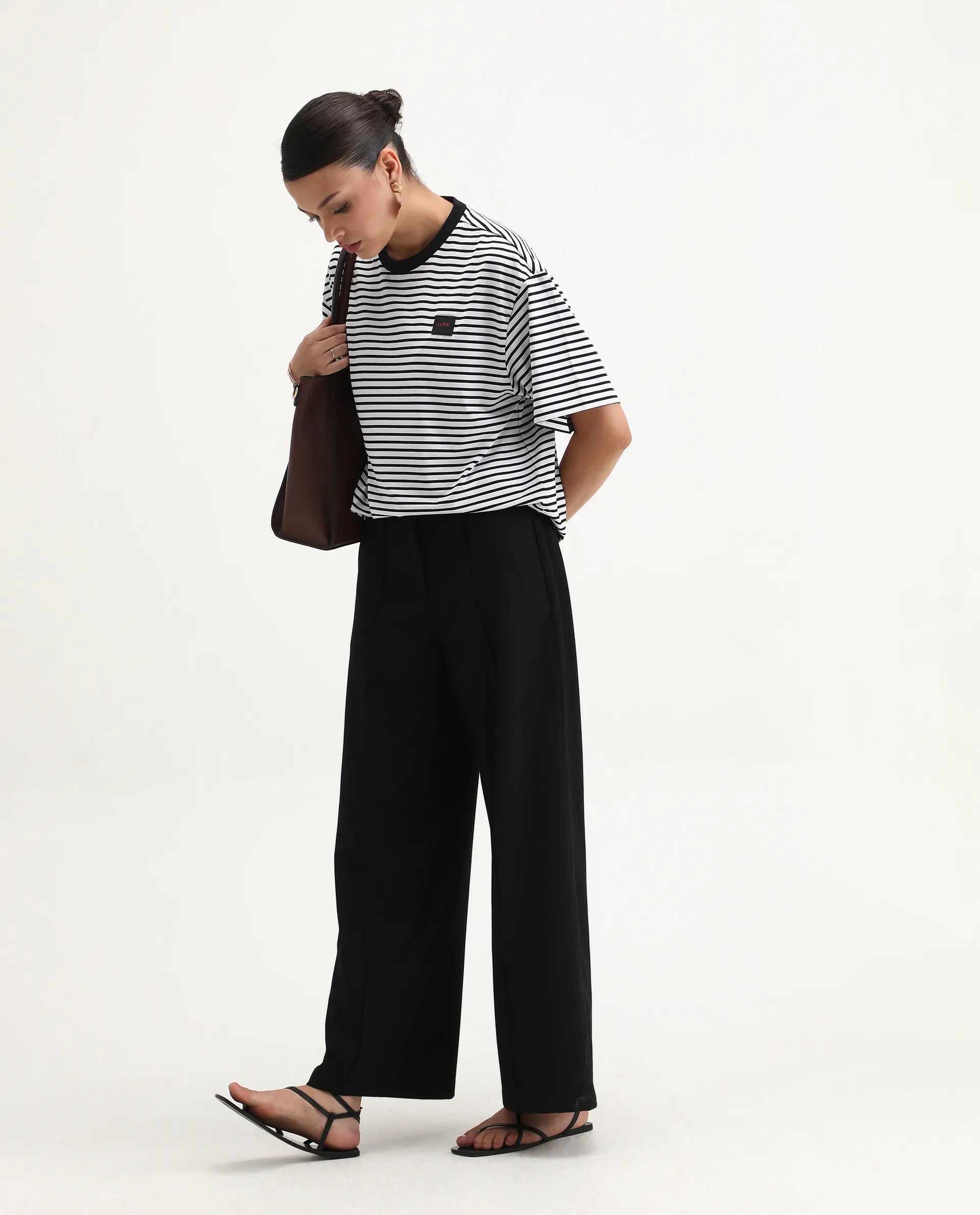 Rareism Women's Reph White Cotton Blend Crew Neck Striped Relaxed Fit T-Shirt