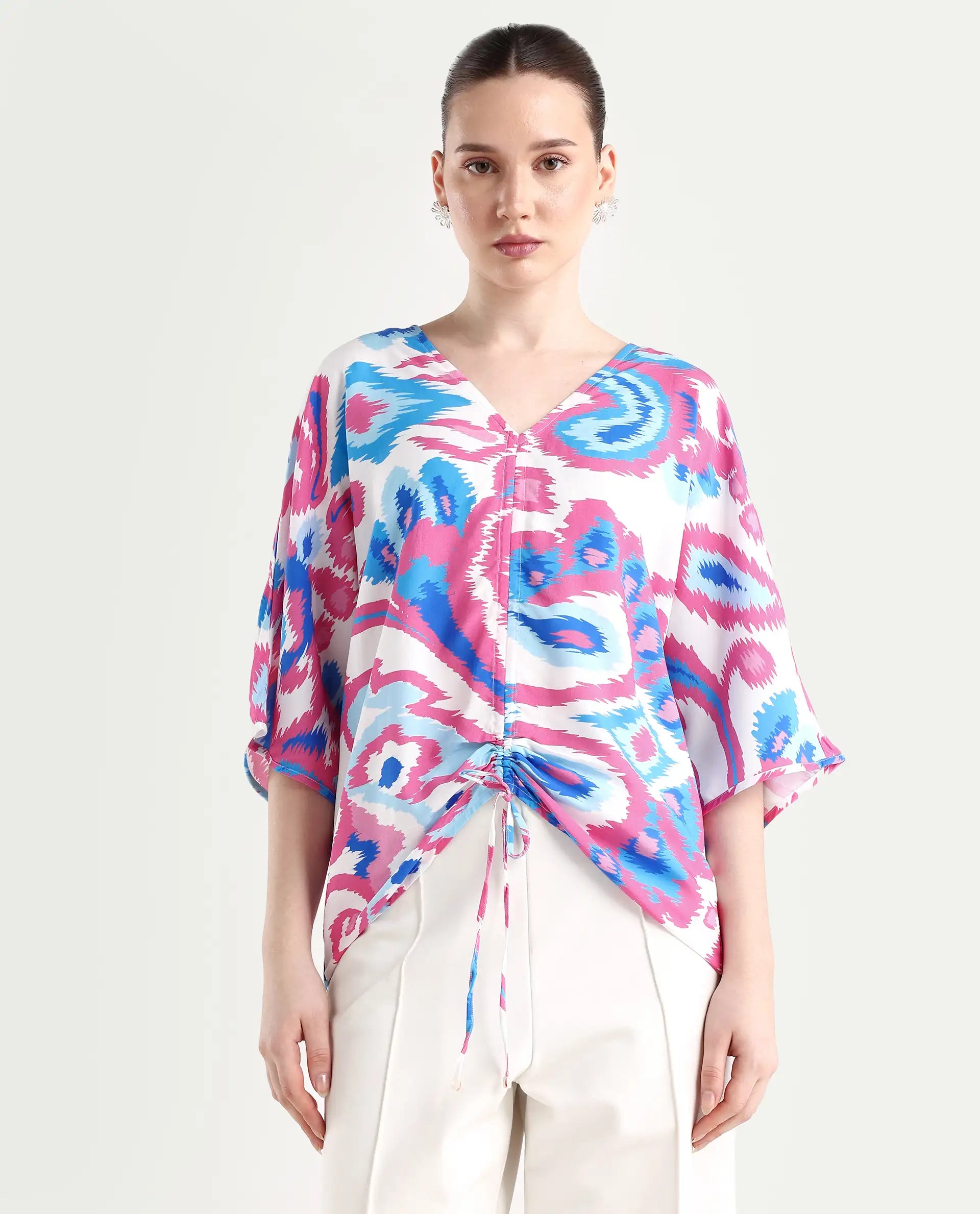 Rareism Women's Repio-T Pastel Viscose V-Neck Abstract Print Extended Sleeves Relaxed Fit Top