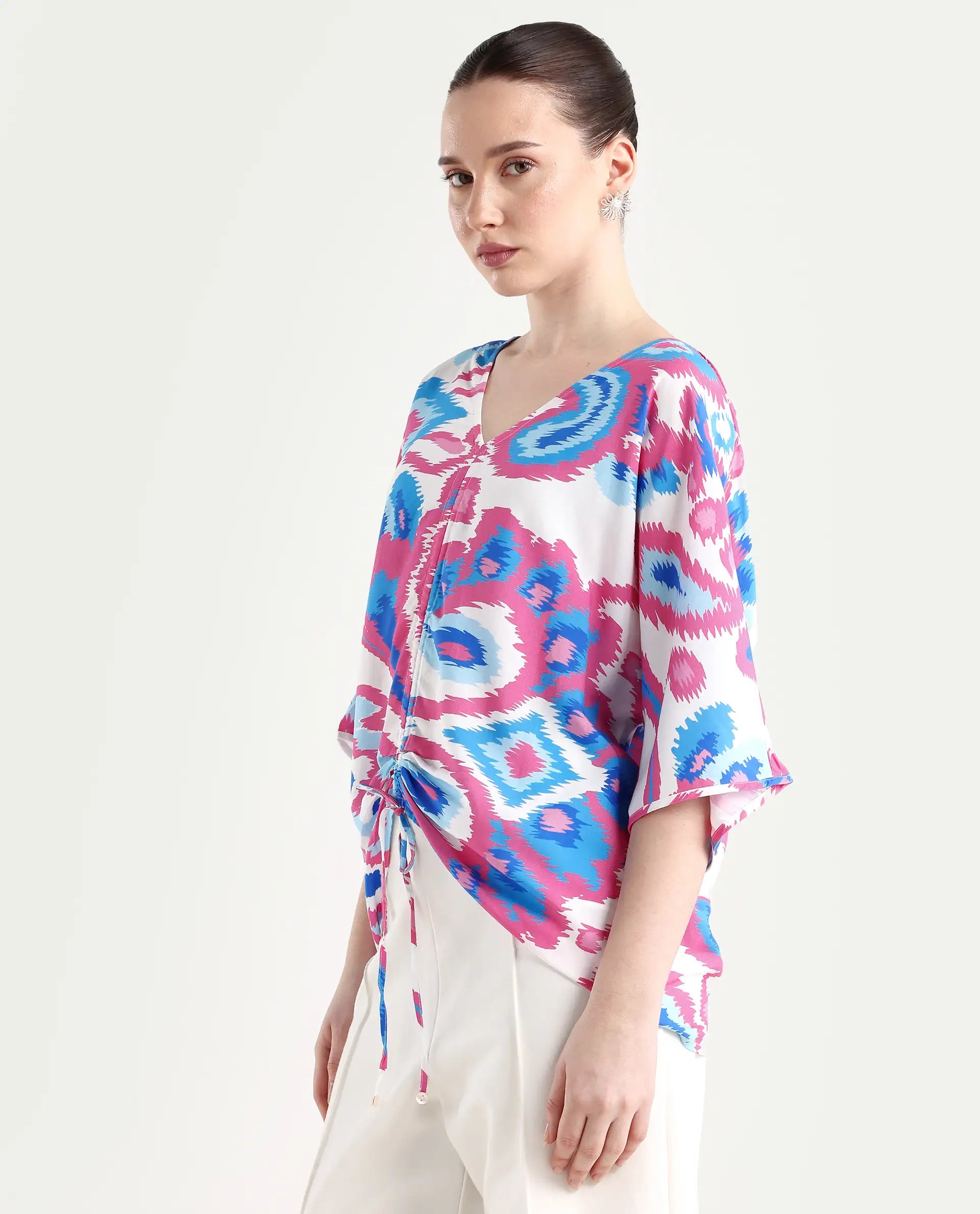 Rareism Women's Repio-T Pastel Viscose V-Neck Abstract Print Extended Sleeves Relaxed Fit Top