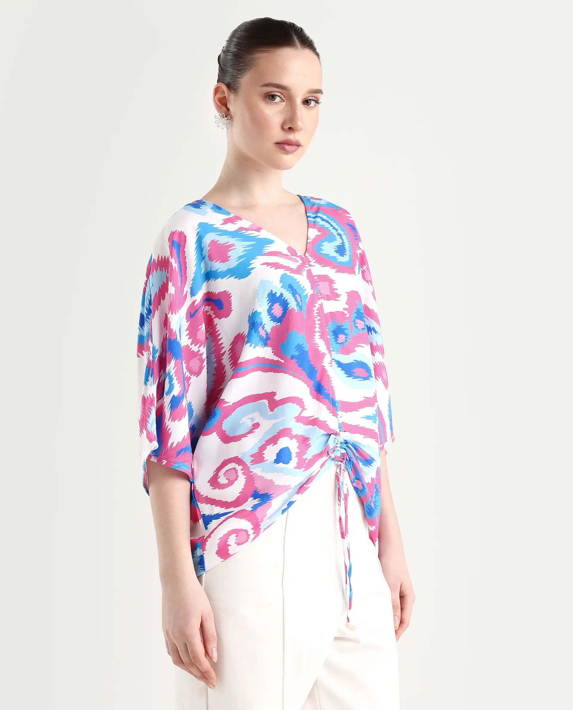 Rareism Women's Repio-T Pastel Viscose V-Neck Abstract Print Extended Sleeves Relaxed Fit Top