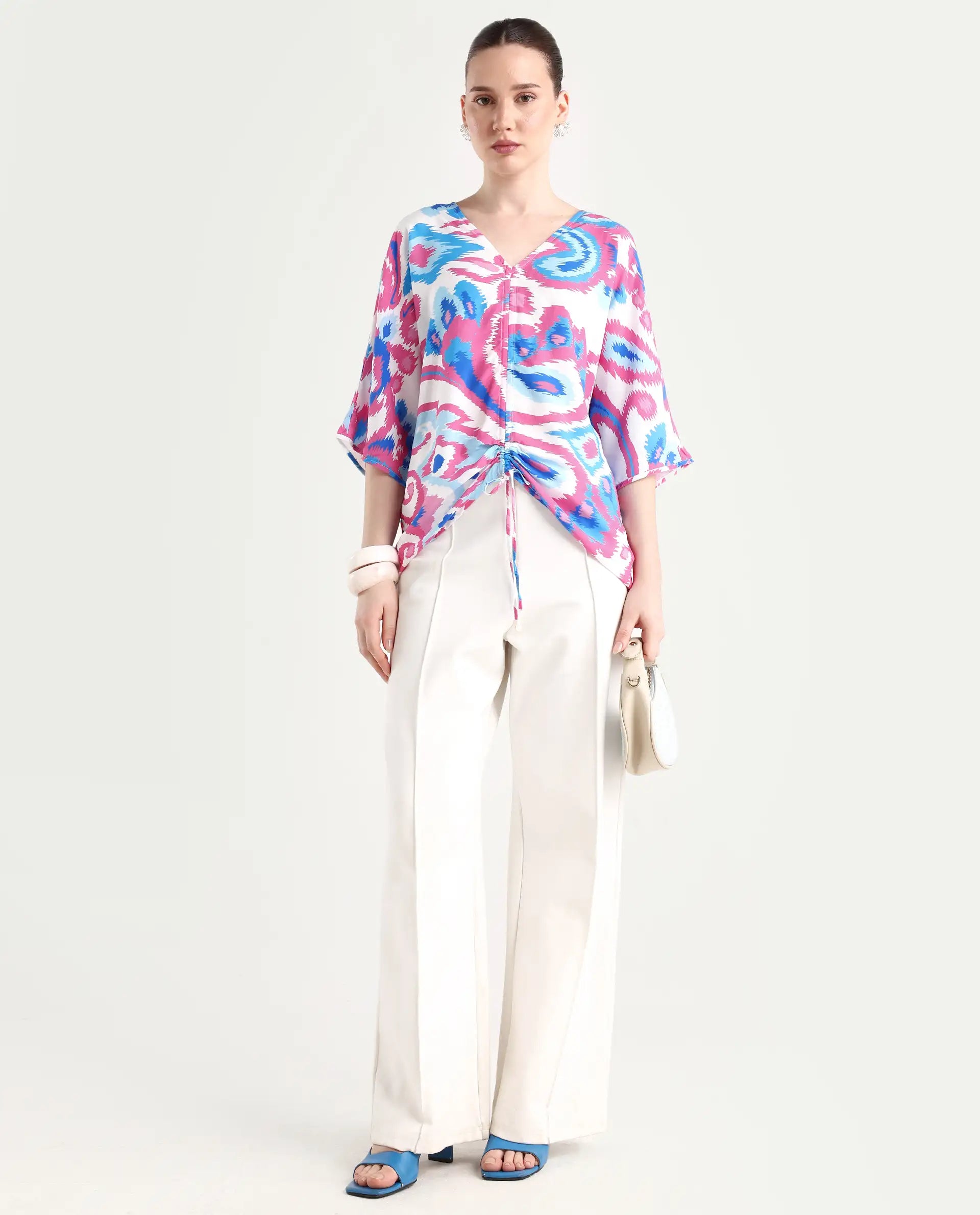 Rareism Women's Repio-T Pastel Viscose V-Neck Abstract Print Extended Sleeves Relaxed Fit Top