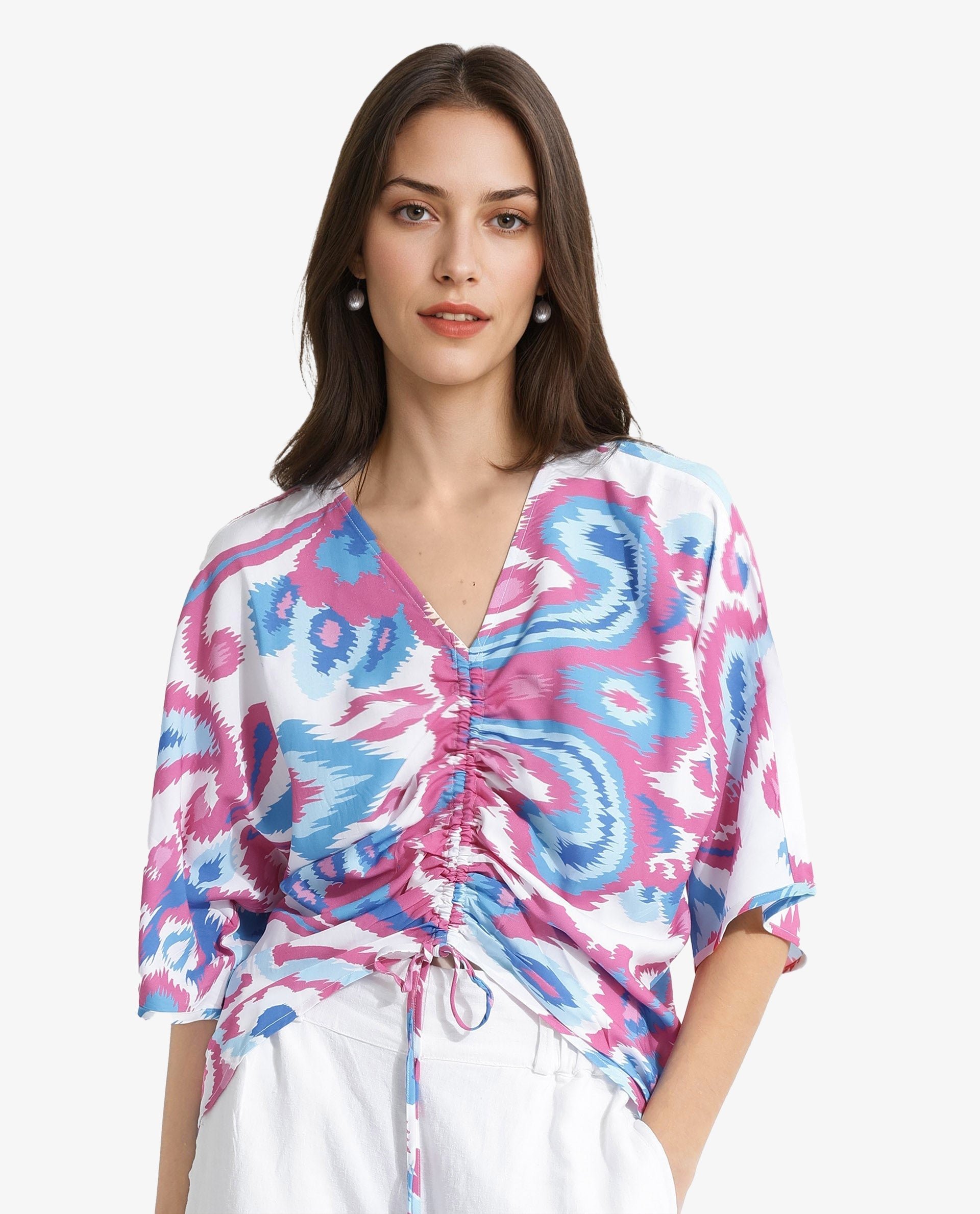 Rareism Women Repio-T Pastel Multi Extended Sleeves V-Neck Relaxed Fit Abstract Print Top