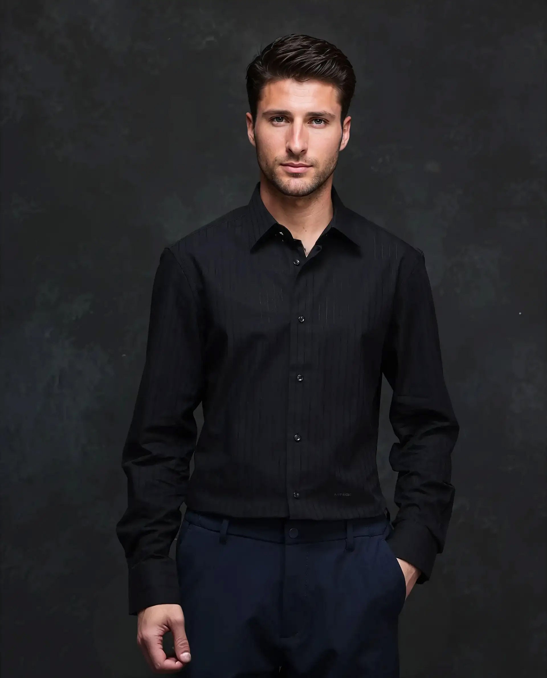 Rare Rabbit Men's Repo Black Cotton Striped Print Regular Fit Full Sleeve Collared Shirt