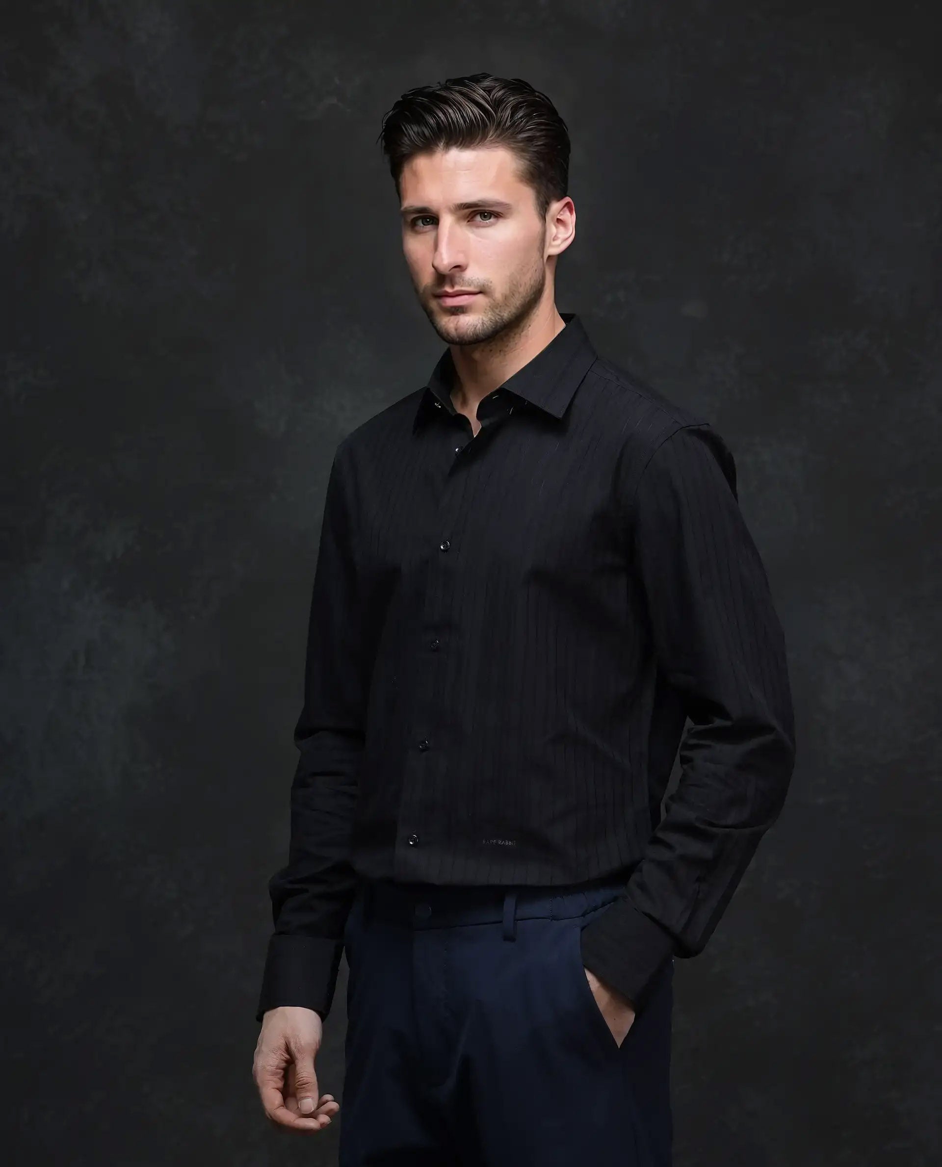 Rare Rabbit Men's Repo Black Cotton Striped Print Regular Fit Full Sleeve Collared Shirt