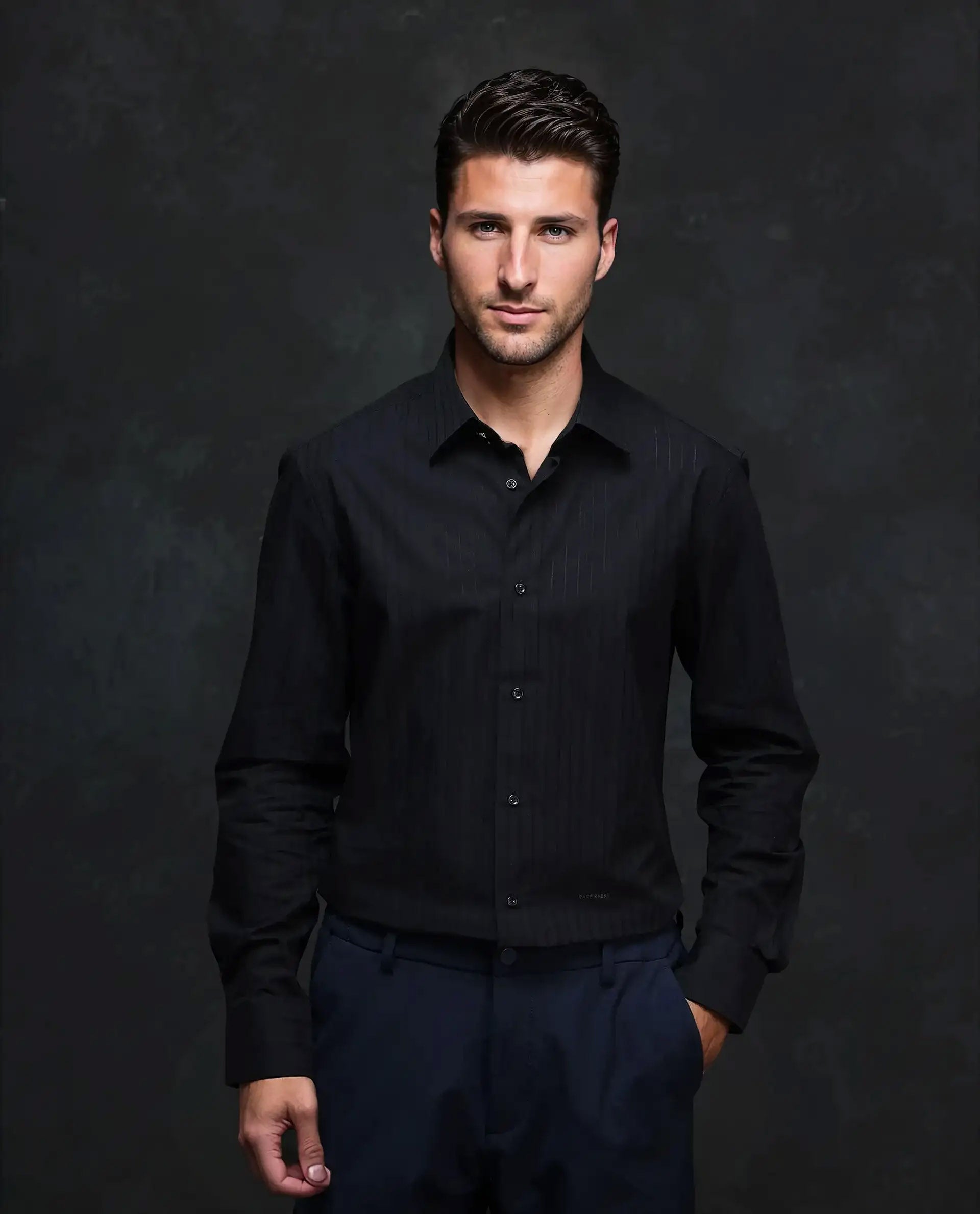 Rare Rabbit Men's Repo Black Cotton Striped Print Regular Fit Full Sleeve Collared Shirt