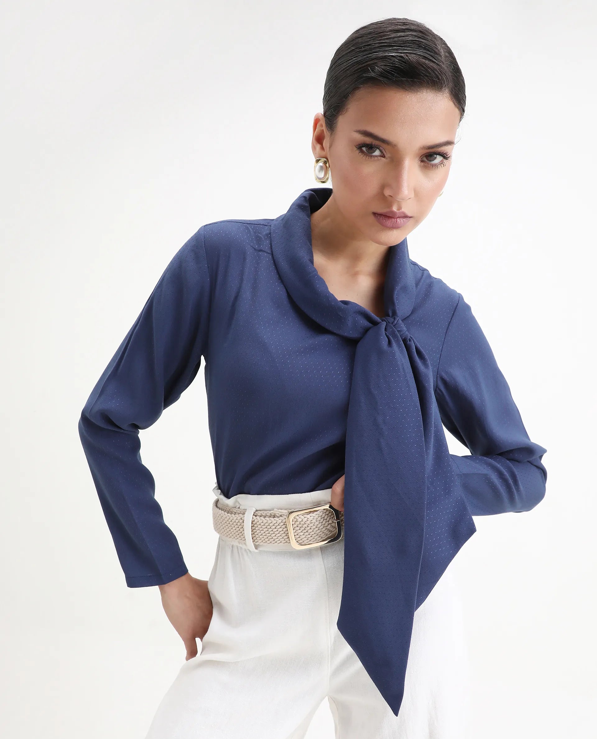 Rareism Women's Repowo Navy Polyester Tie-Up Neck Plain Regular Fit Top