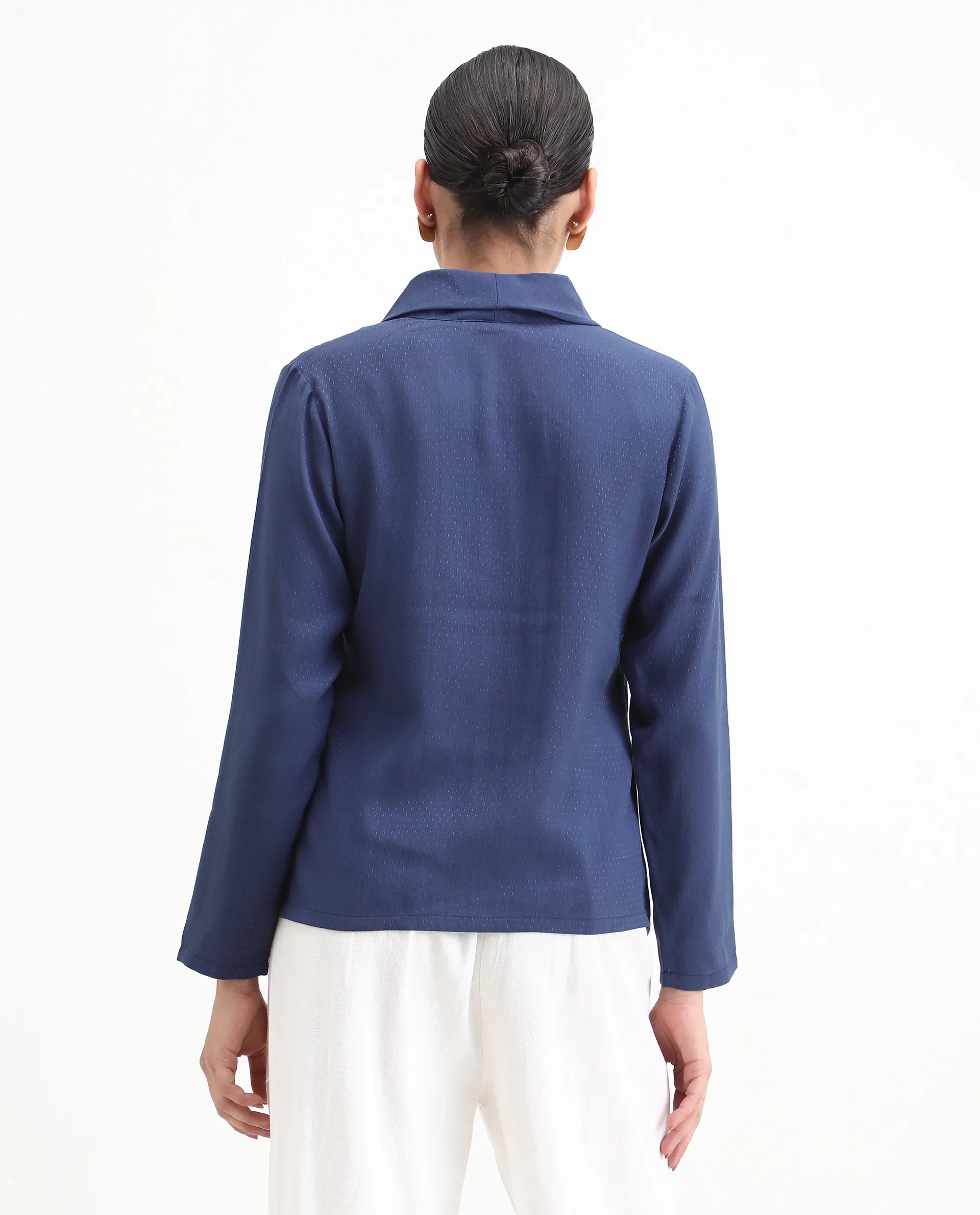 Rareism Women's Repowo Navy Polyester Tie-Up Neck Plain Regular Fit Top