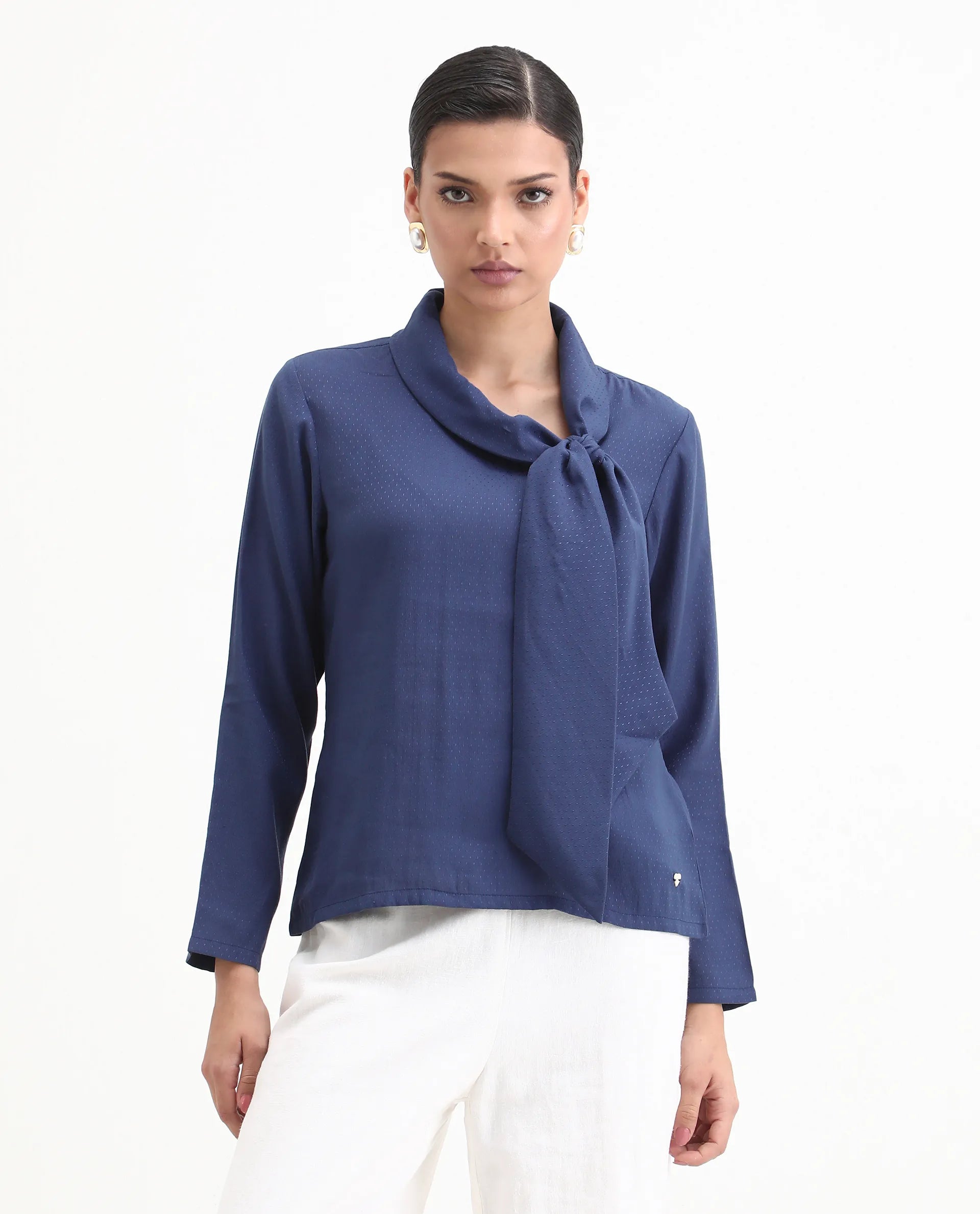 Rareism Women's Repowo Navy Polyester Tie-Up Neck Plain Regular Fit Top