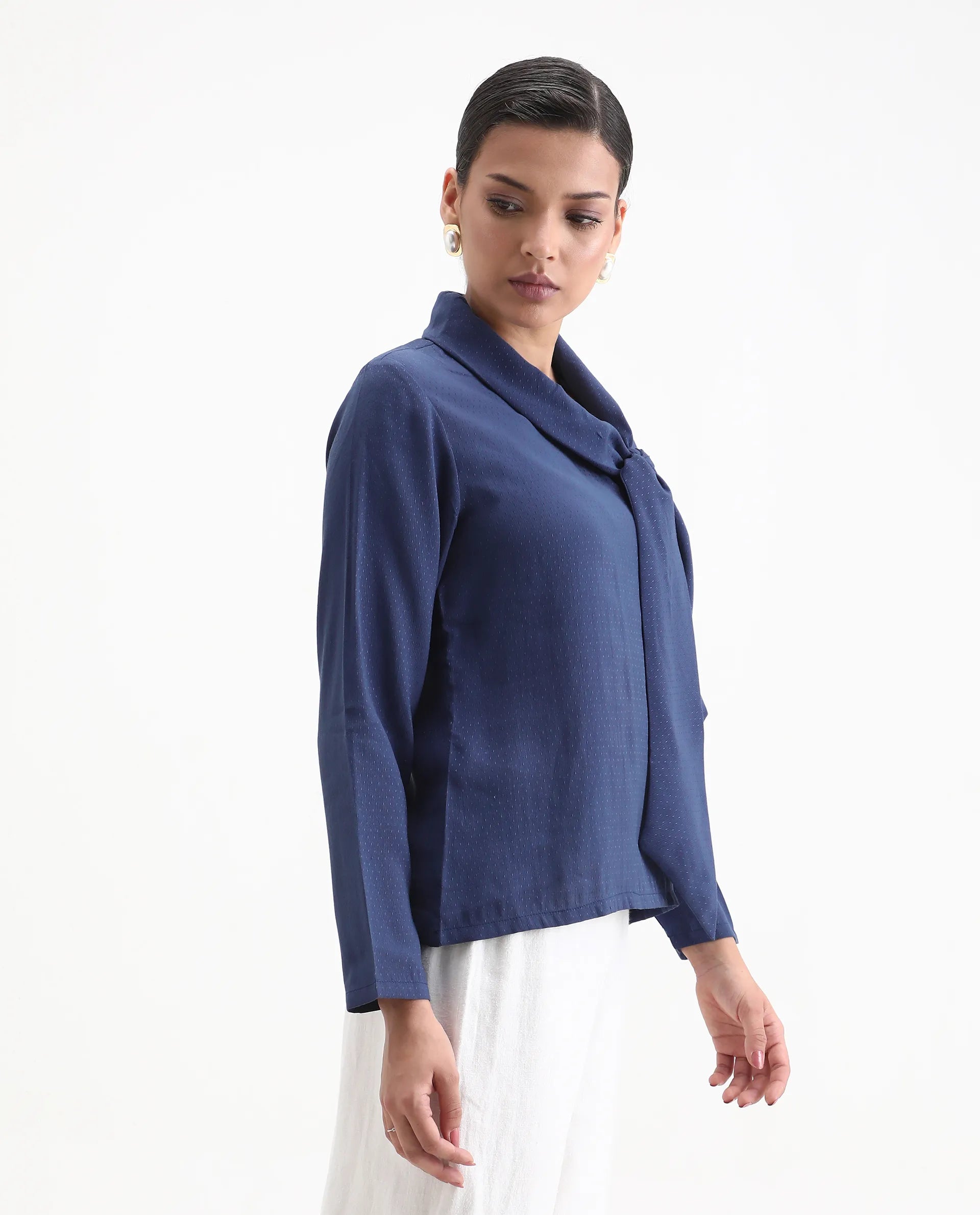 Rareism Women's Repowo Navy Polyester Tie-Up Neck Plain Regular Fit Top