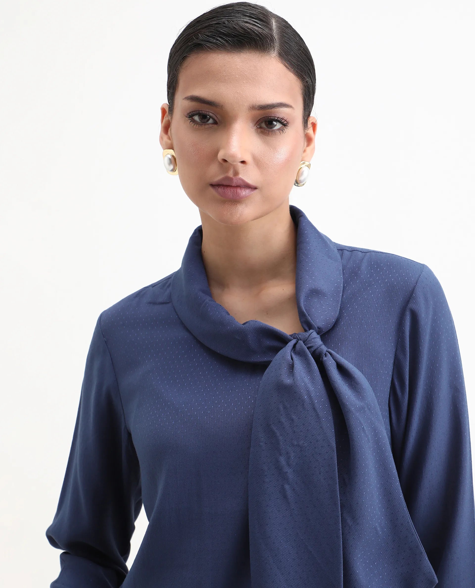 Rareism Women's Repowo Navy Polyester Tie-Up Neck Plain Regular Fit Top