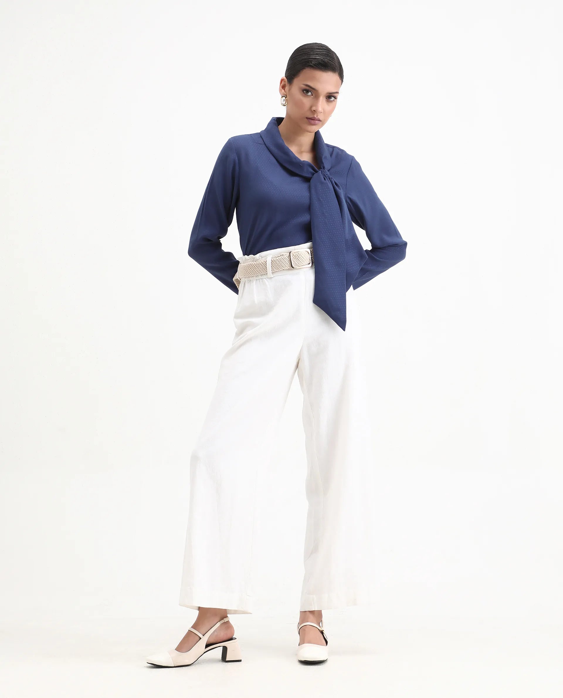 Rareism Women's Repowo Navy Polyester Tie-Up Neck Plain Regular Fit Top