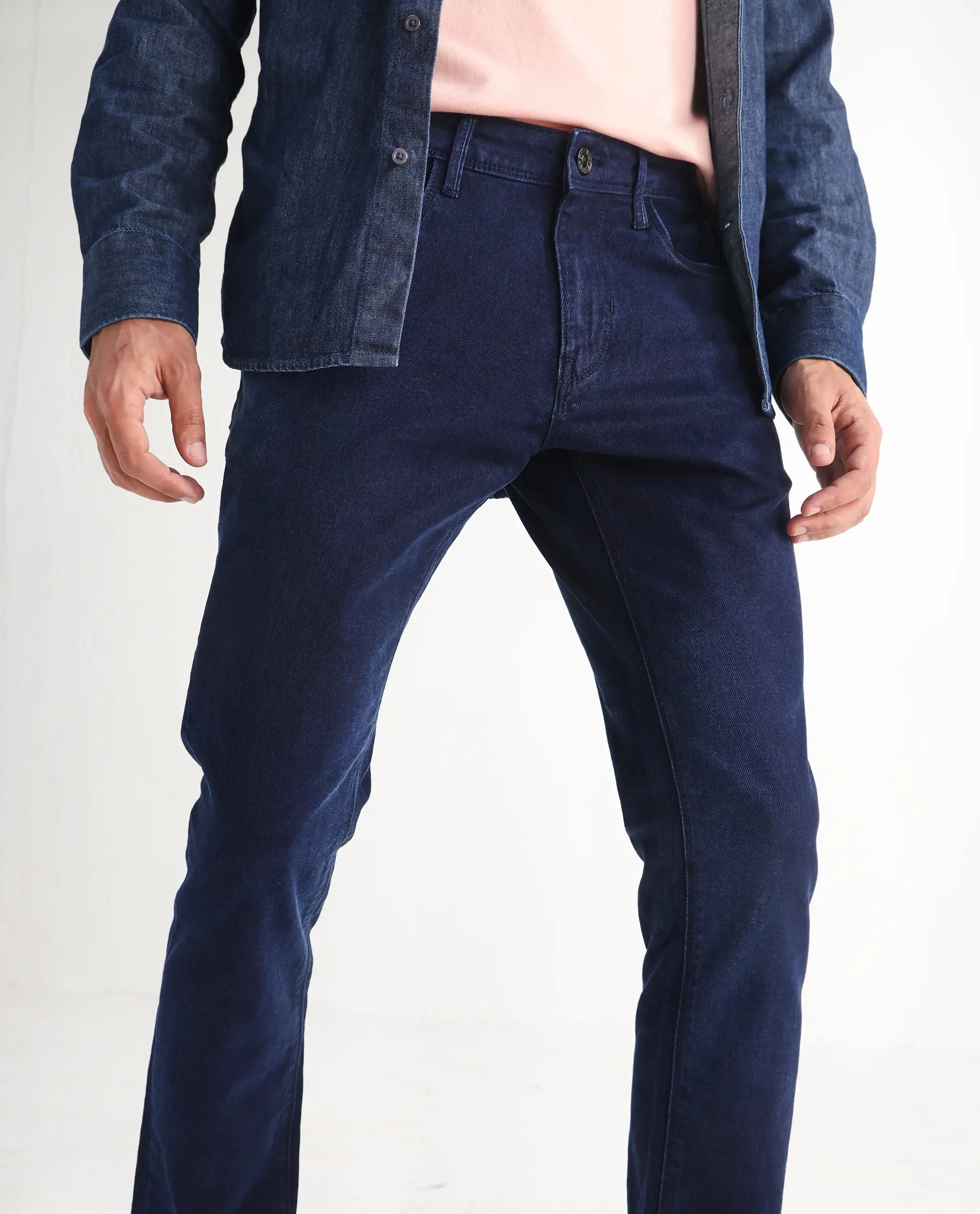 Rare Rabbit Men's Repp Blue Cotton Plain Hawk Slim Fit Jeans