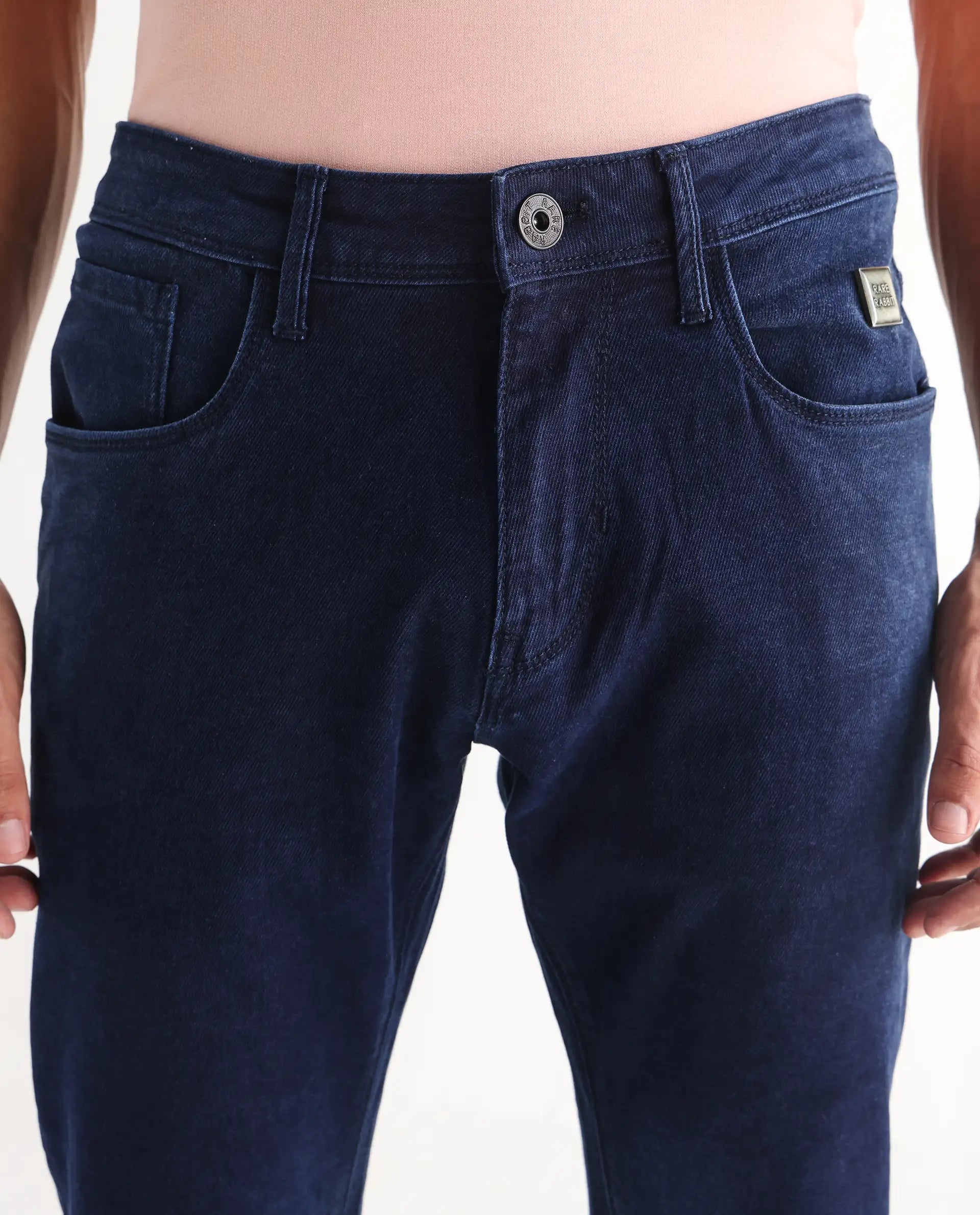 Rare Rabbit Men's Repp Blue Cotton Plain Hawk Slim Fit Jeans