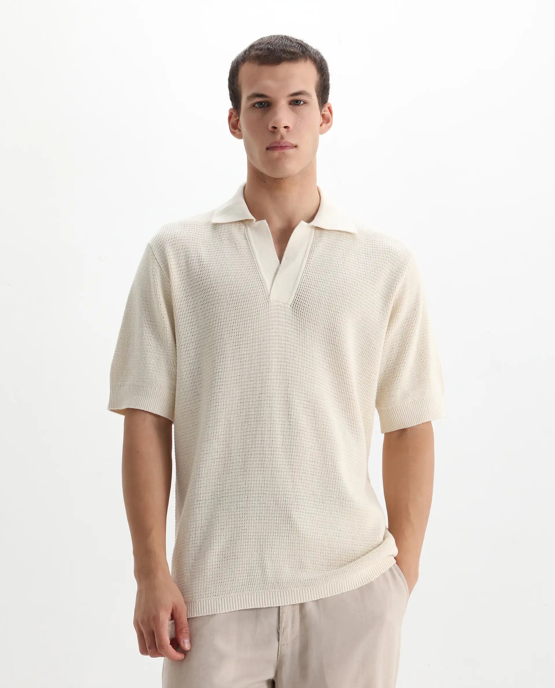 Rare Rabbit Men's Rera Off White Cotton Textured Oversized Fit Half Sleeve Polo