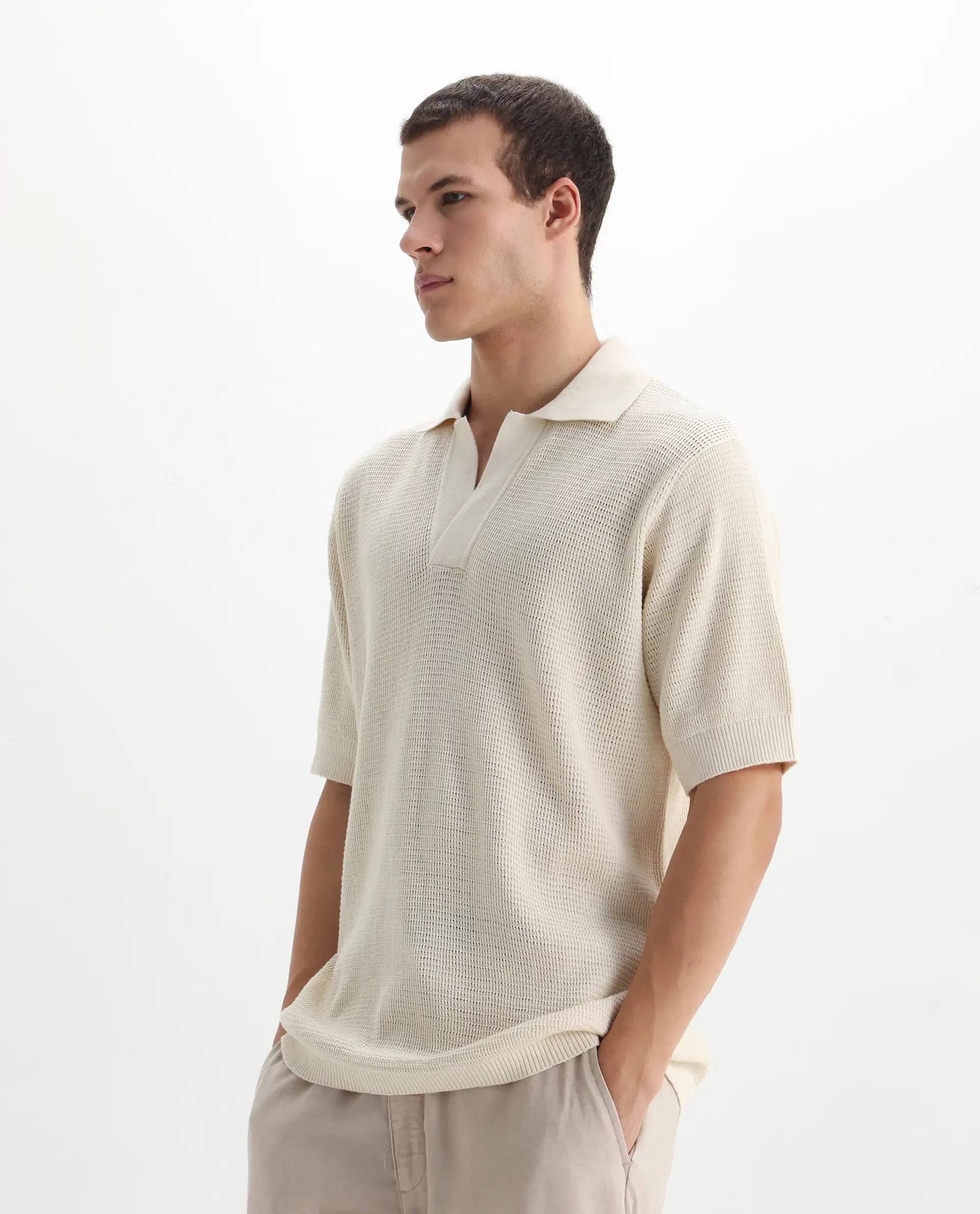 Rare Rabbit Men's Rera Off White Cotton Textured Oversized Fit Half Sleeve Polo
