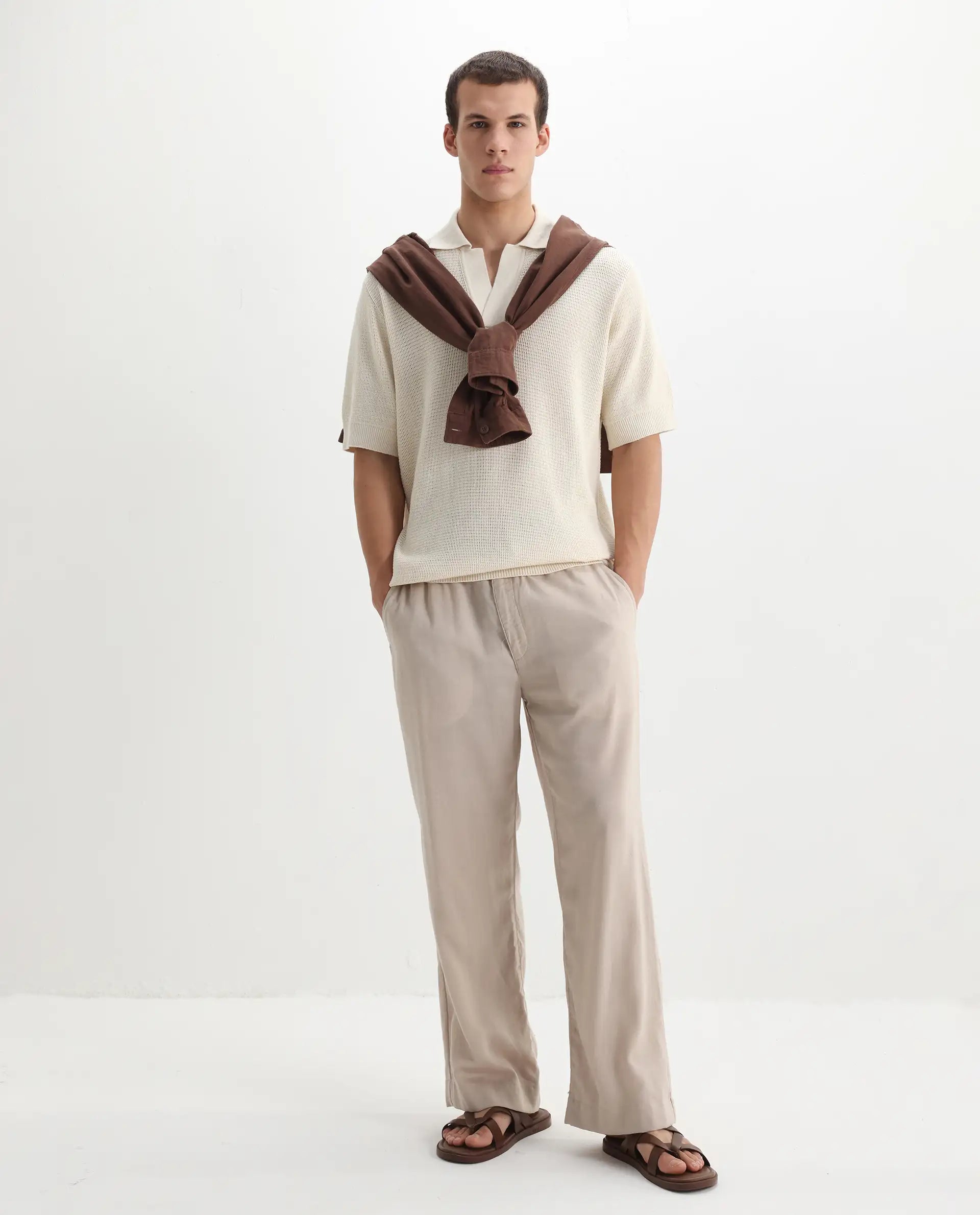 Rare Rabbit Men's Rera Off White Cotton Textured Oversized Fit Half Sleeve Polo