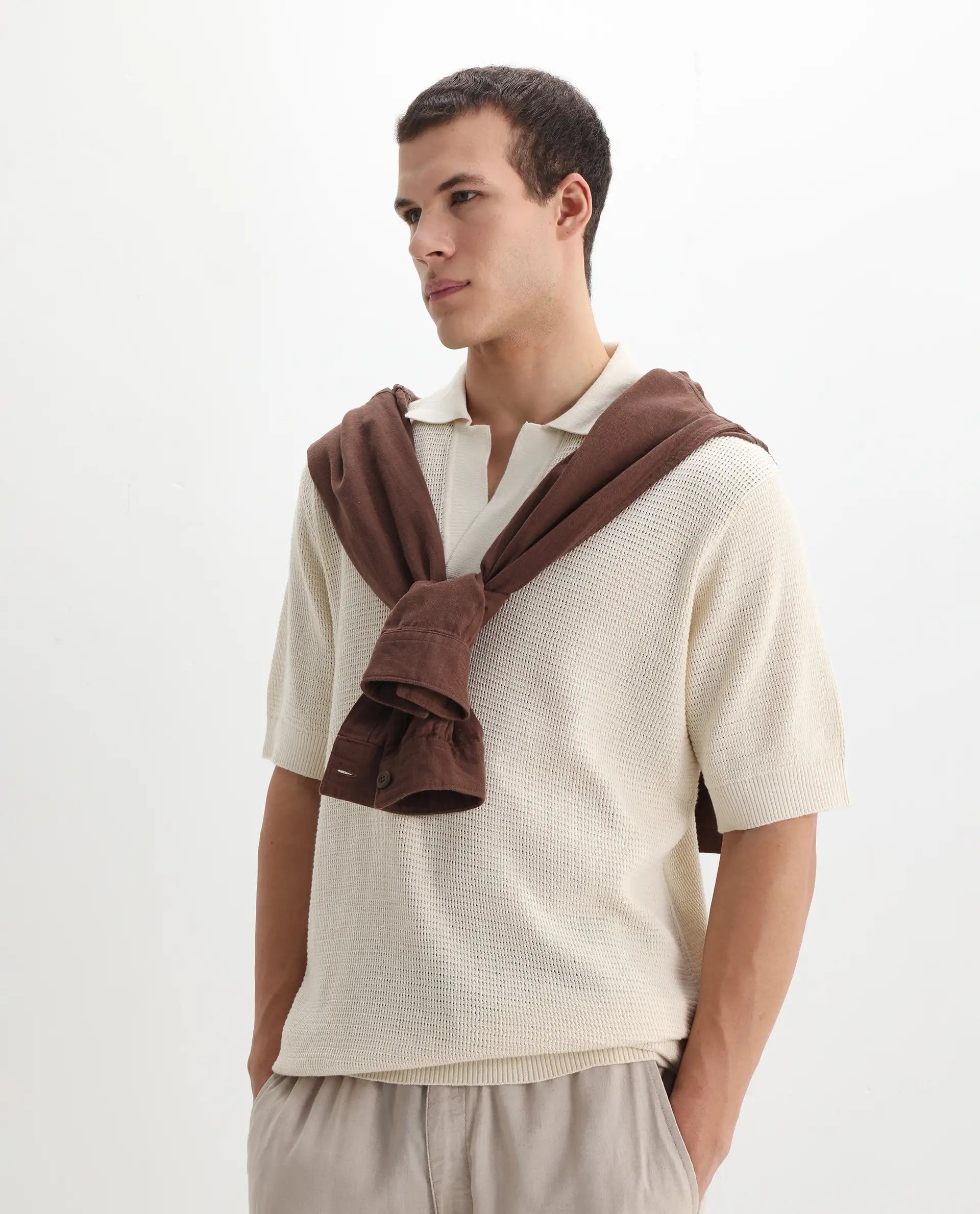 Rare Rabbit Men's Rera Off White Cotton Textured Oversized Fit Half Sleeve Polo