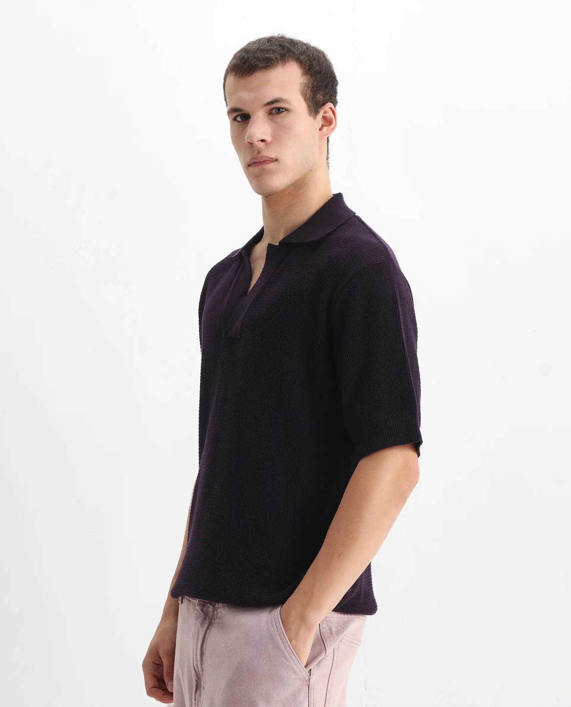 Rare Rabbit Men's Rera Dark Purple Cotton Textured Oversized Fit Half Sleeve Polo