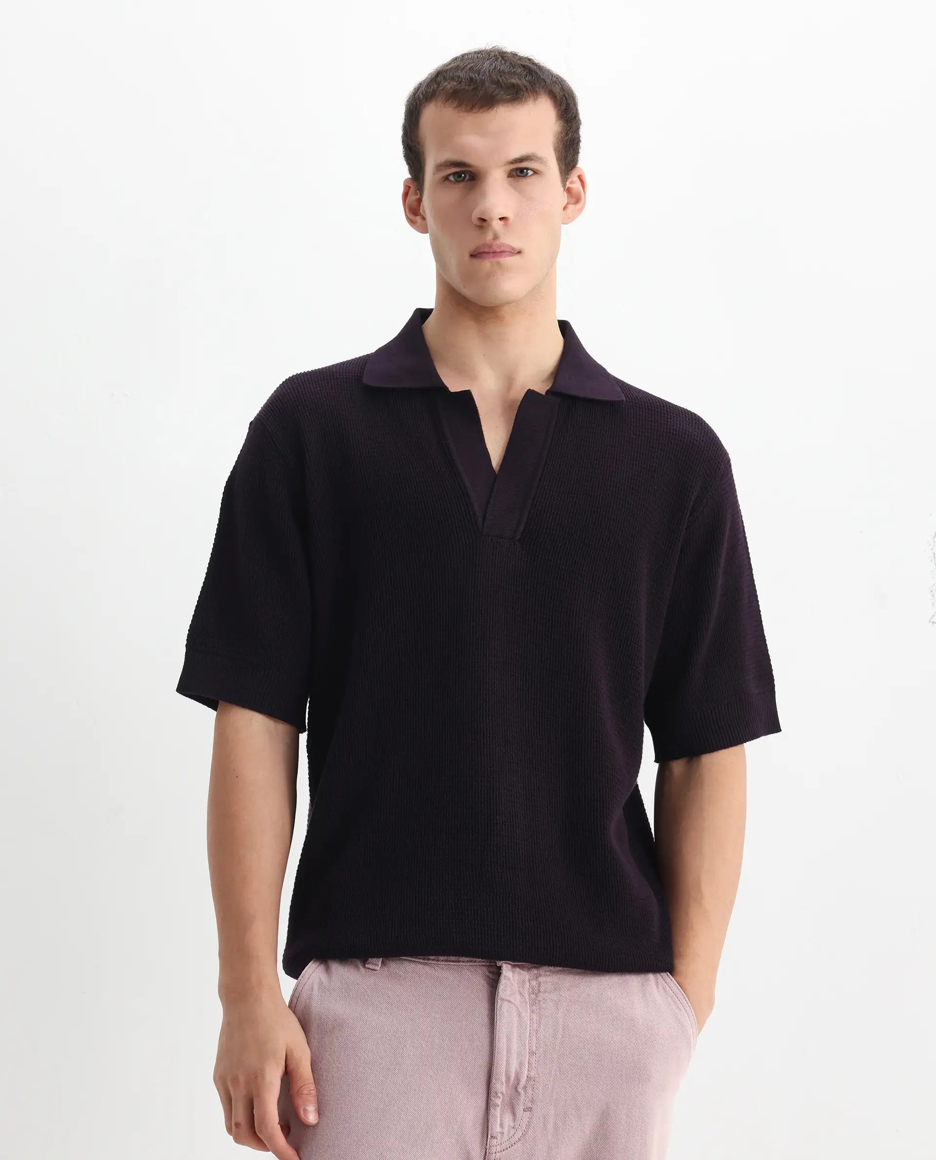 Rare Rabbit Men's Rera Dark Purple Cotton Textured Oversized Fit Half Sleeve Polo
