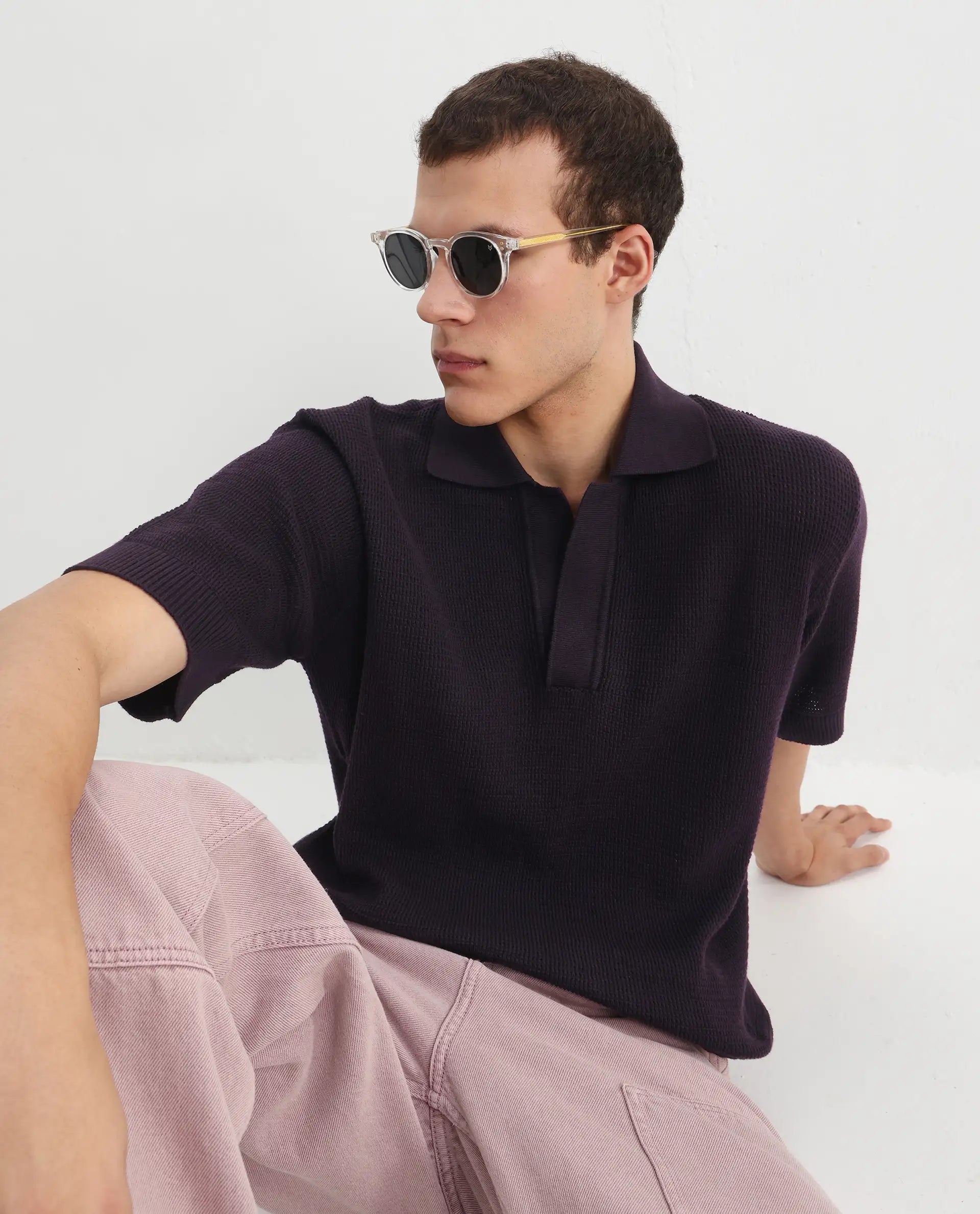 Rare Rabbit Men's Rera Dark Purple Cotton Textured Oversized Fit Half Sleeve Polo