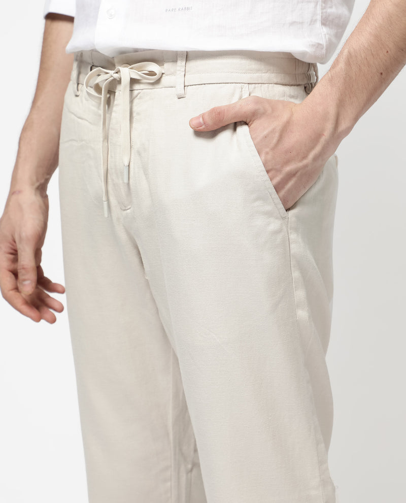 Rare Rabbit Mens Reric Pastel Beige Drawstring Closure Solid Linen Trouser