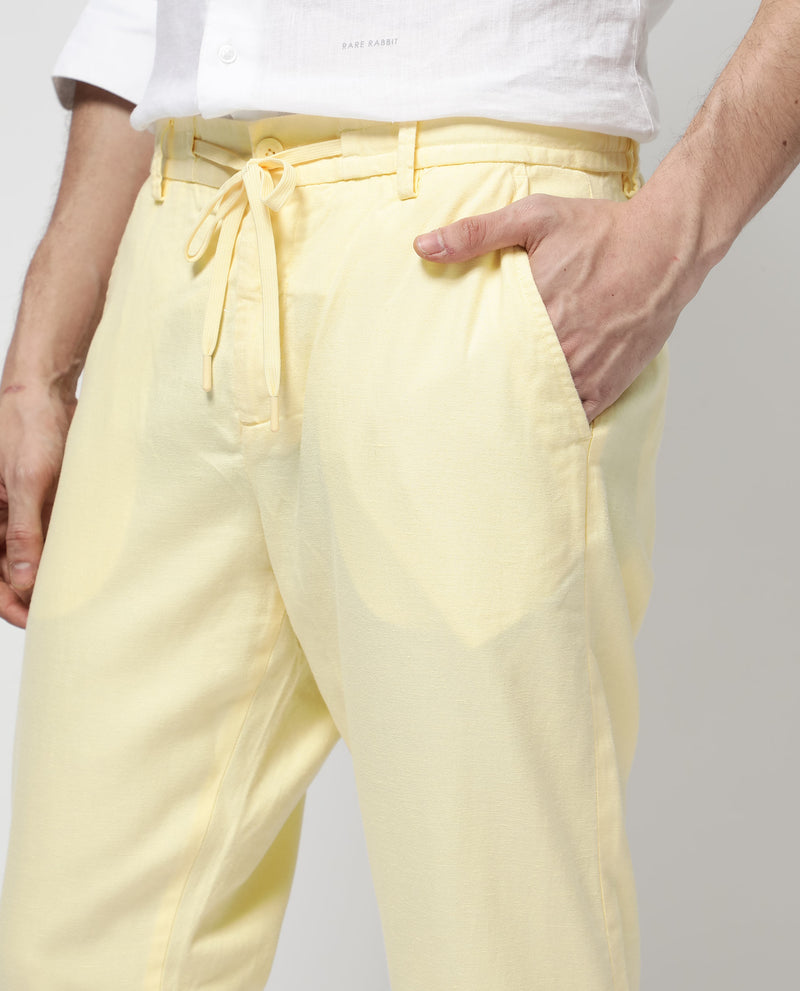 Rare Rabbit Mens Reric Pastel Yellow Drawstring Closure Solid Linen Trouser