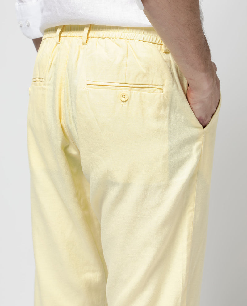 Rare Rabbit Mens Reric Pastel Yellow Drawstring Closure Solid Linen Trouser