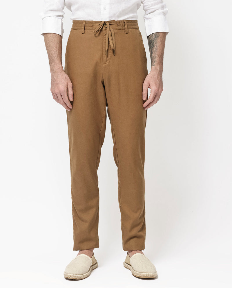 Rare Rabbit Mens Reric Pastel Brown Drawstring Closure Solid Linen Trouser
