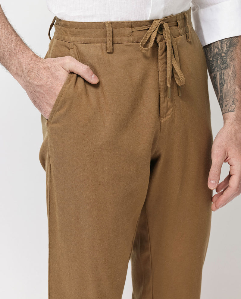 Rare Rabbit Mens Reric Pastel Brown Drawstring Closure Solid Linen Trouser