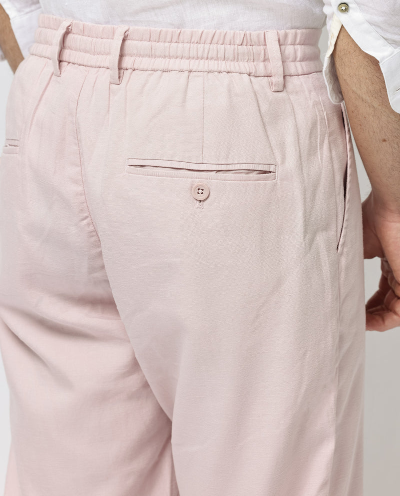 Rare Rabbit Mens Reric Pastel Pink Drawstring Closure Solid Linen Trouser