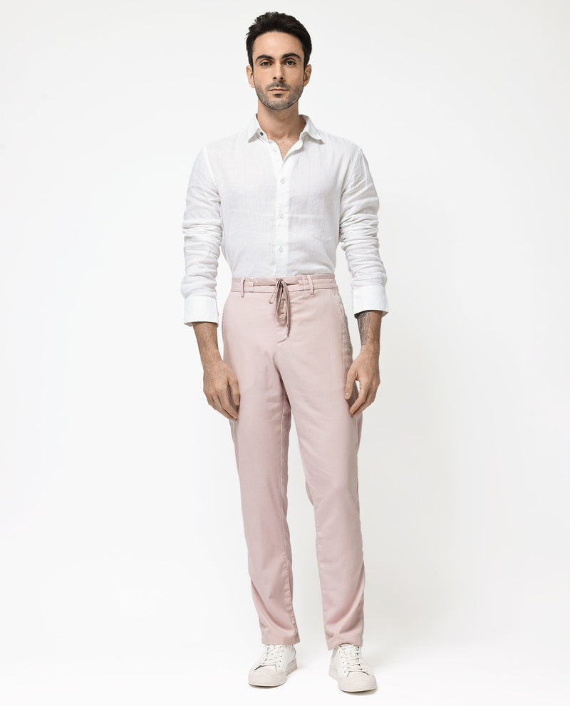 Rare Rabbit Mens Reric Pastel Pink Drawstring Closure Solid Linen Trouser