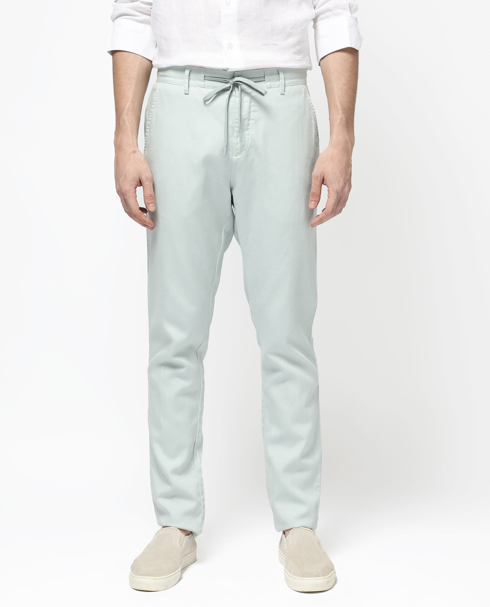 Rare Rabbit Mens Reric Pastel Turq Drawstring Closure Solid Linen Trouser