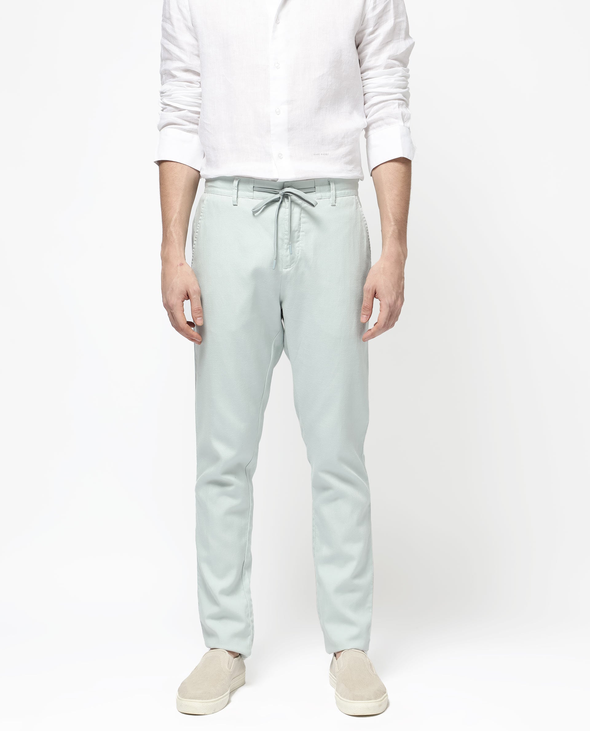 Rare Rabbit Mens Reric Pastel Turq Drawstring Closure Solid Linen Trouser