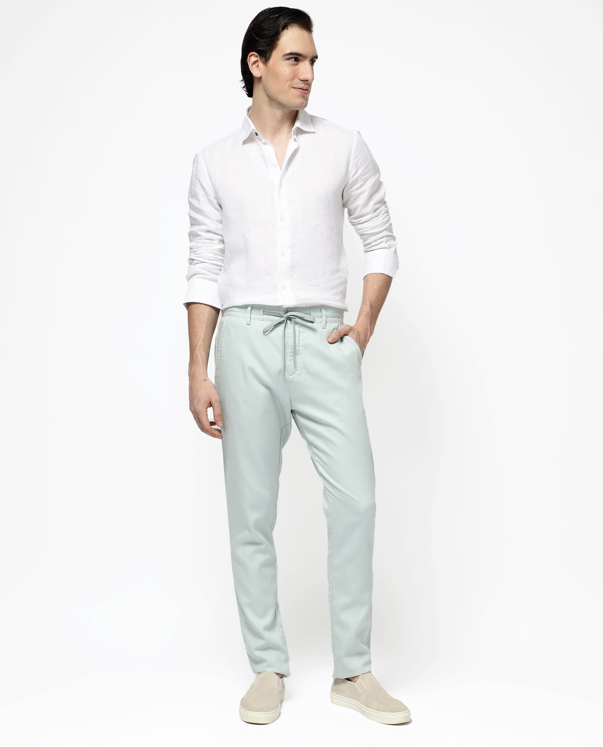Rare Rabbit Mens Reric Pastel Turq Drawstring Closure Solid Linen Trouser
