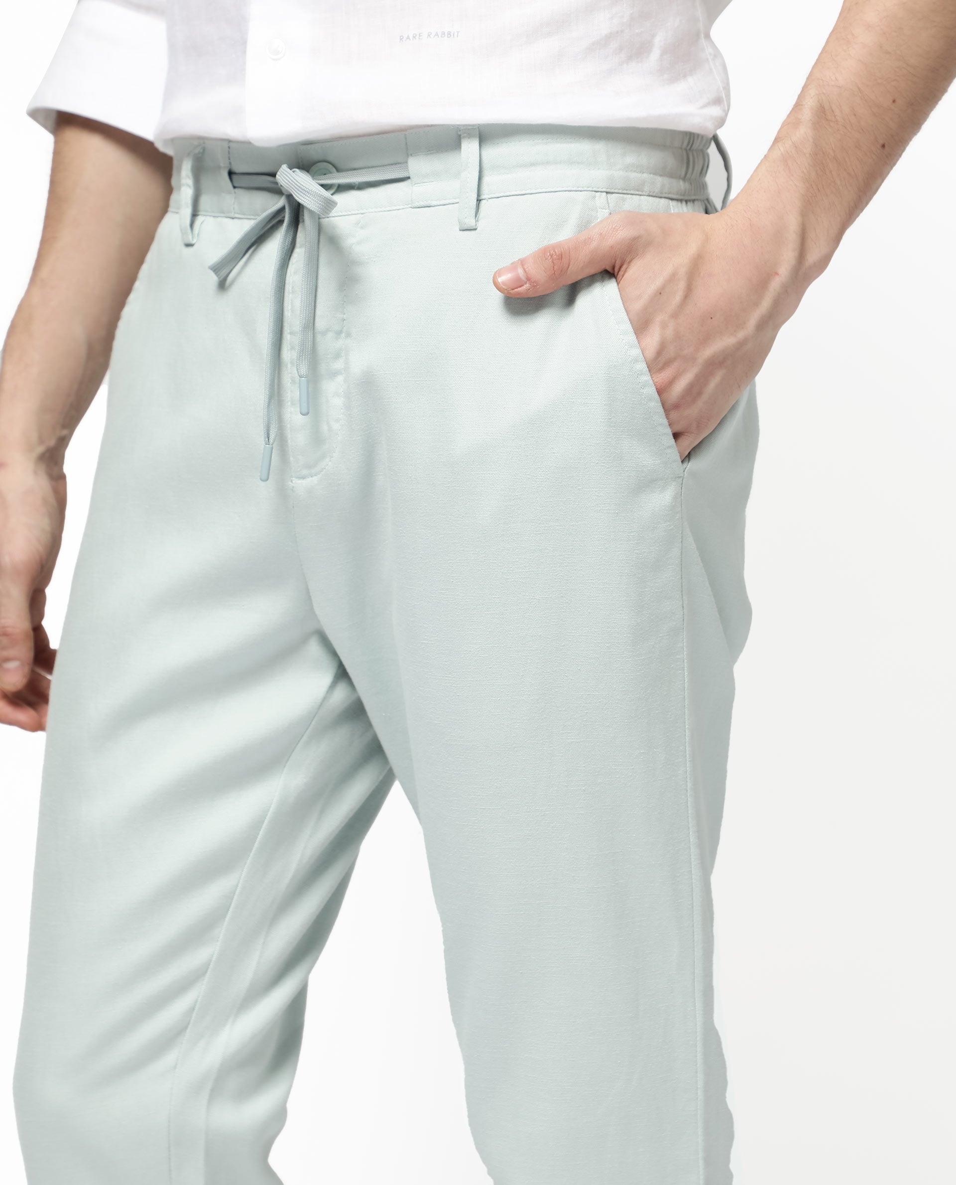 Rare Rabbit Mens Reric Pastel Turq Drawstring Closure Solid Linen Trouser