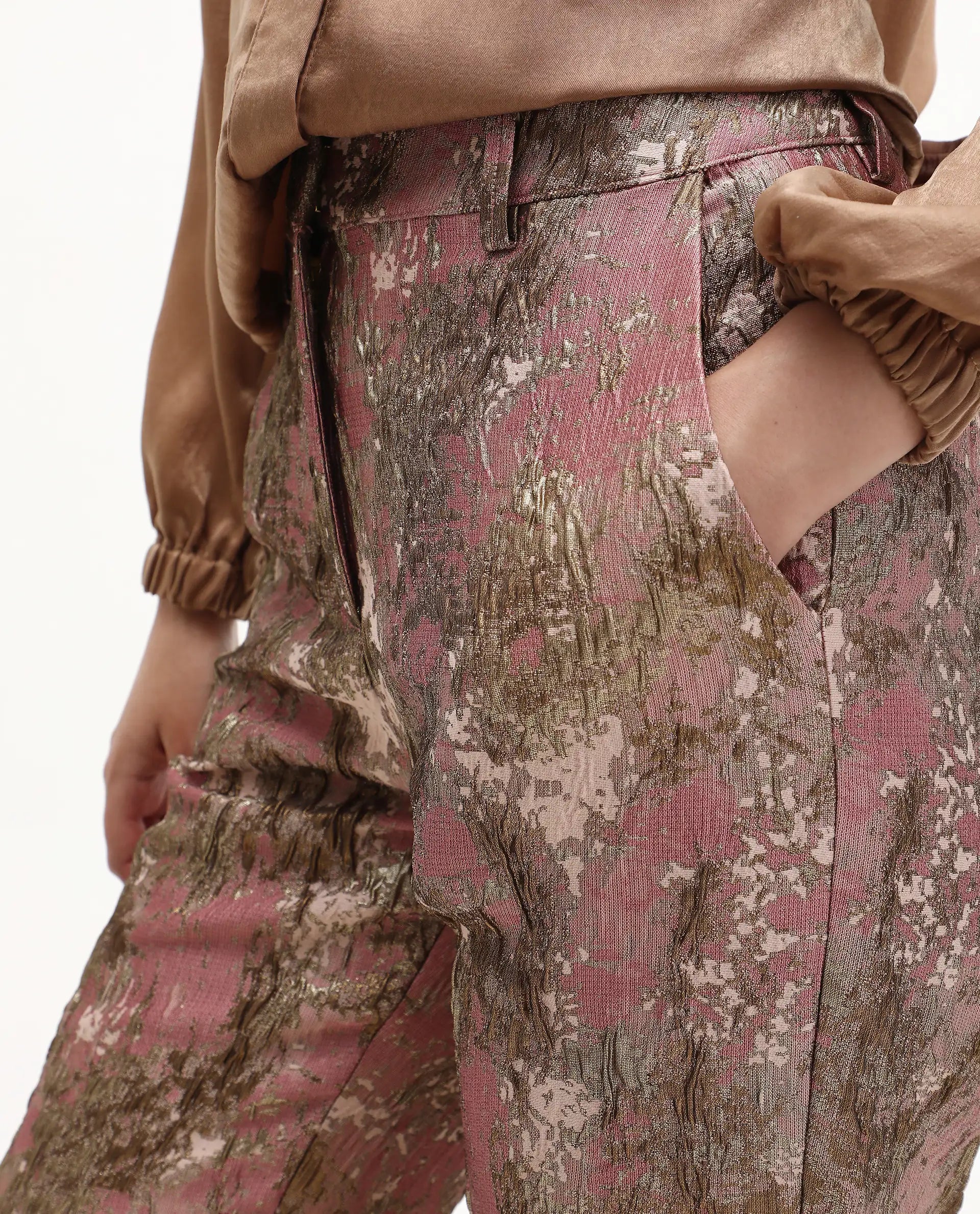 Rareism Women's Reshap-B Pink Poly Blend Tapered Ankle Length Jacquard Trouser