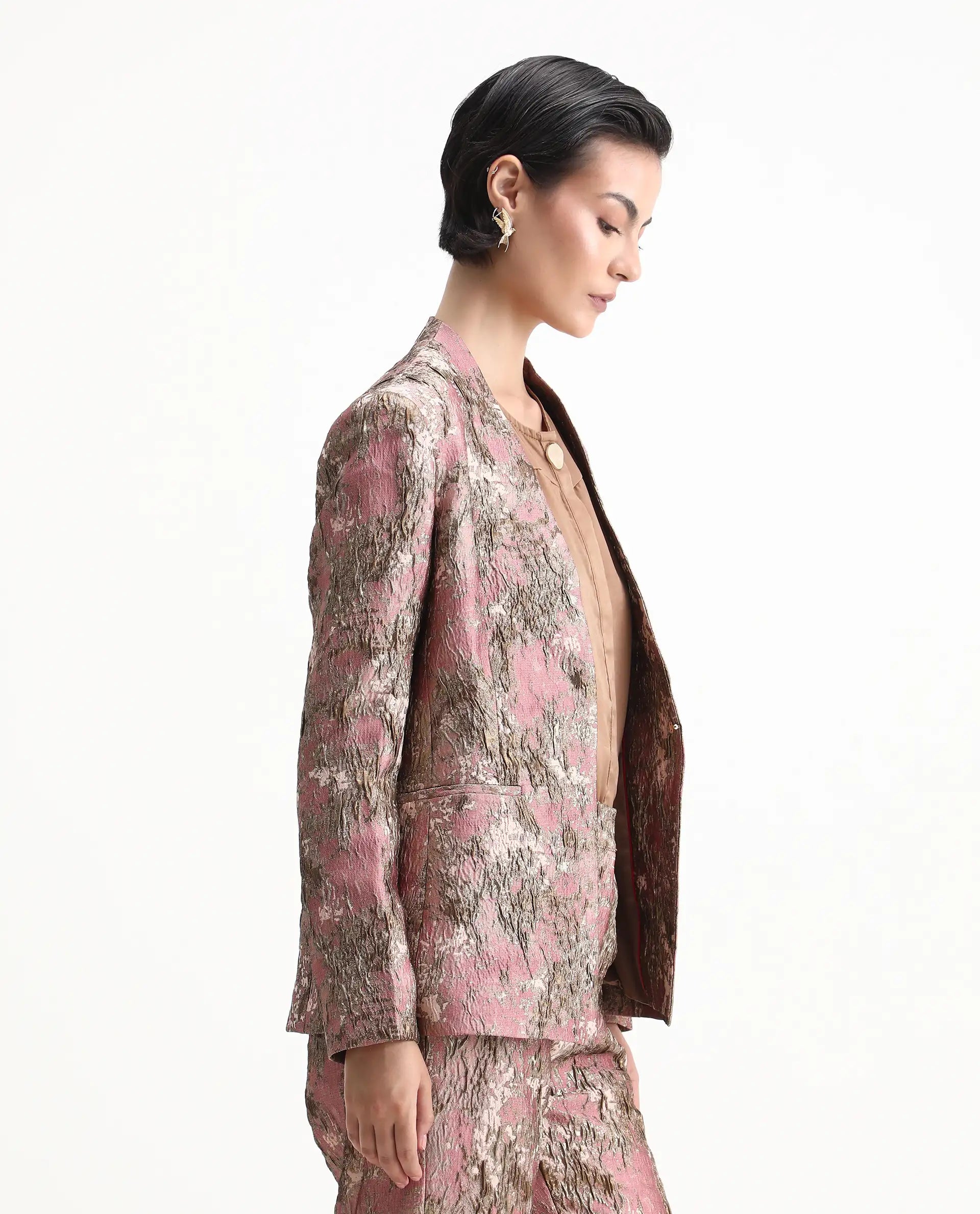 Rareism Women's Reshap-T Pink Polyester Blend Collarless Regular Fit Blazer