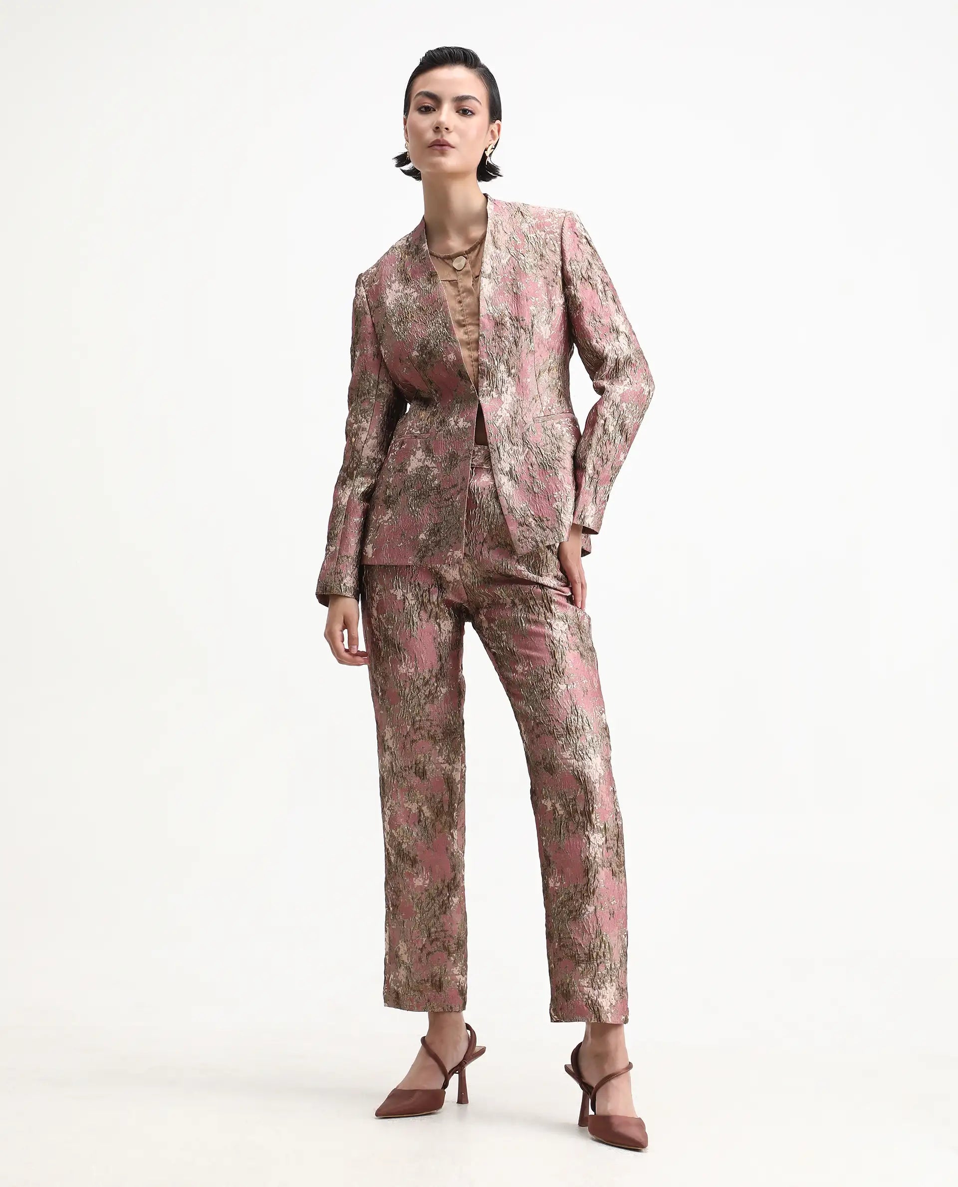 Rareism Women's Reshap-T Pink Polyester Blend Collarless Regular Fit Blazer