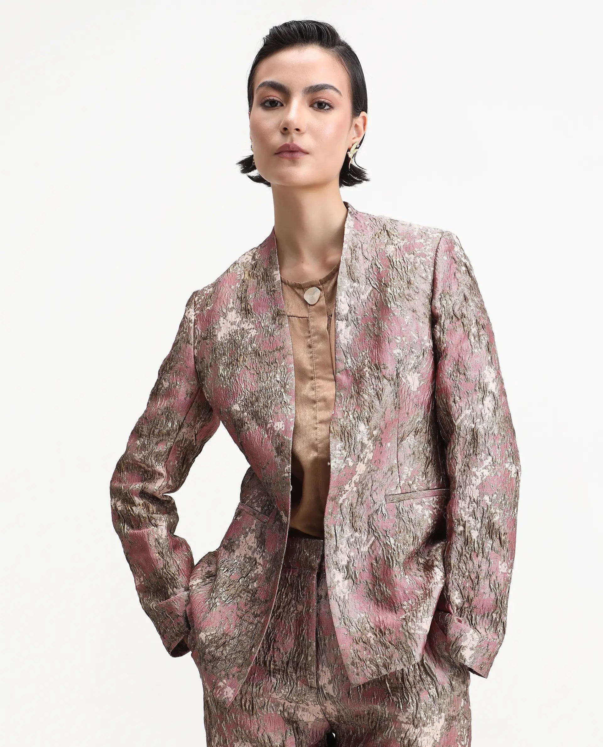 Rareism Women's Reshap-T Pink Polyester Blend Collarless Regular Fit Blazer