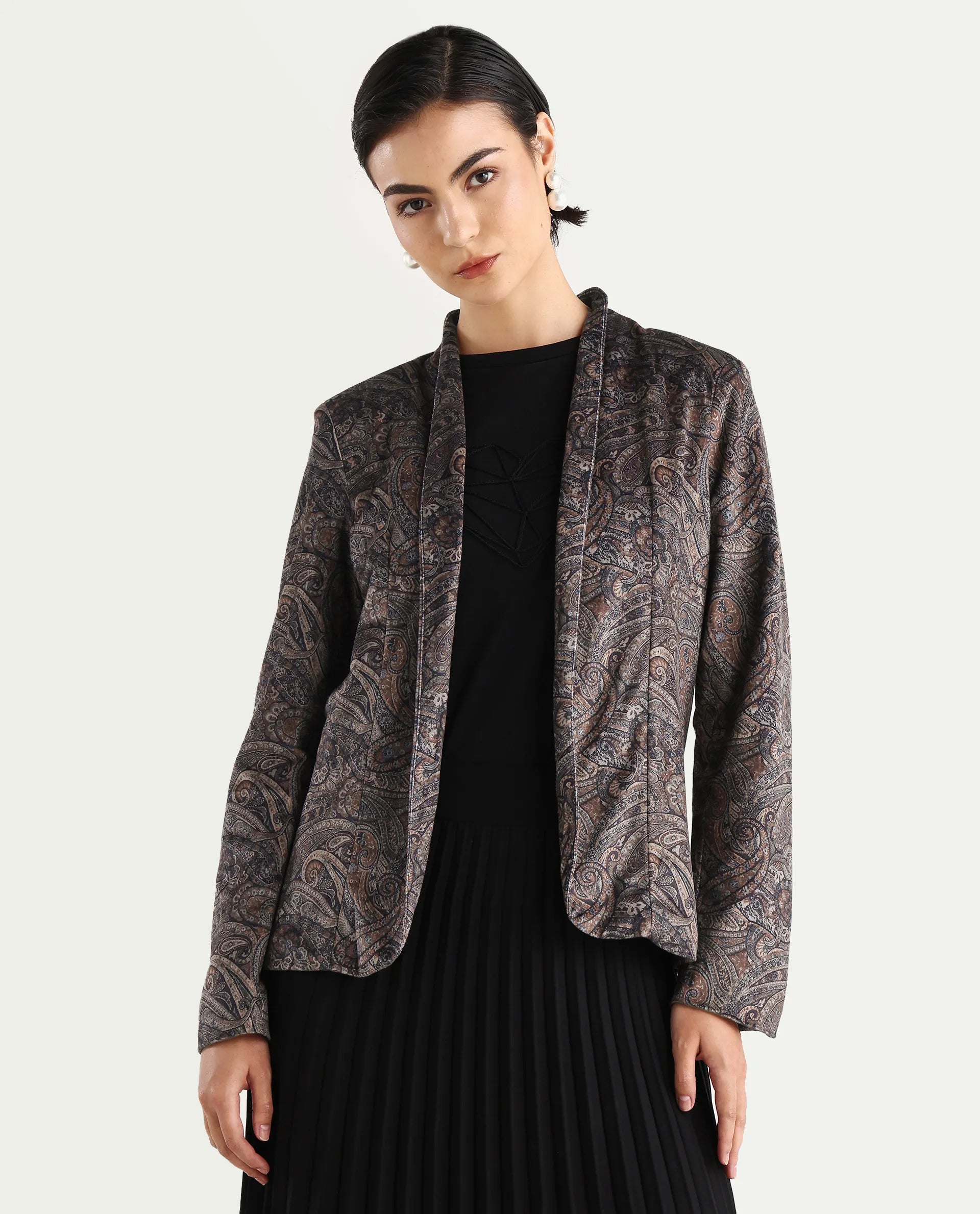 Rareism Women's Resko Multi Velvet Collarless Paisley Print Regular Fit Jacket