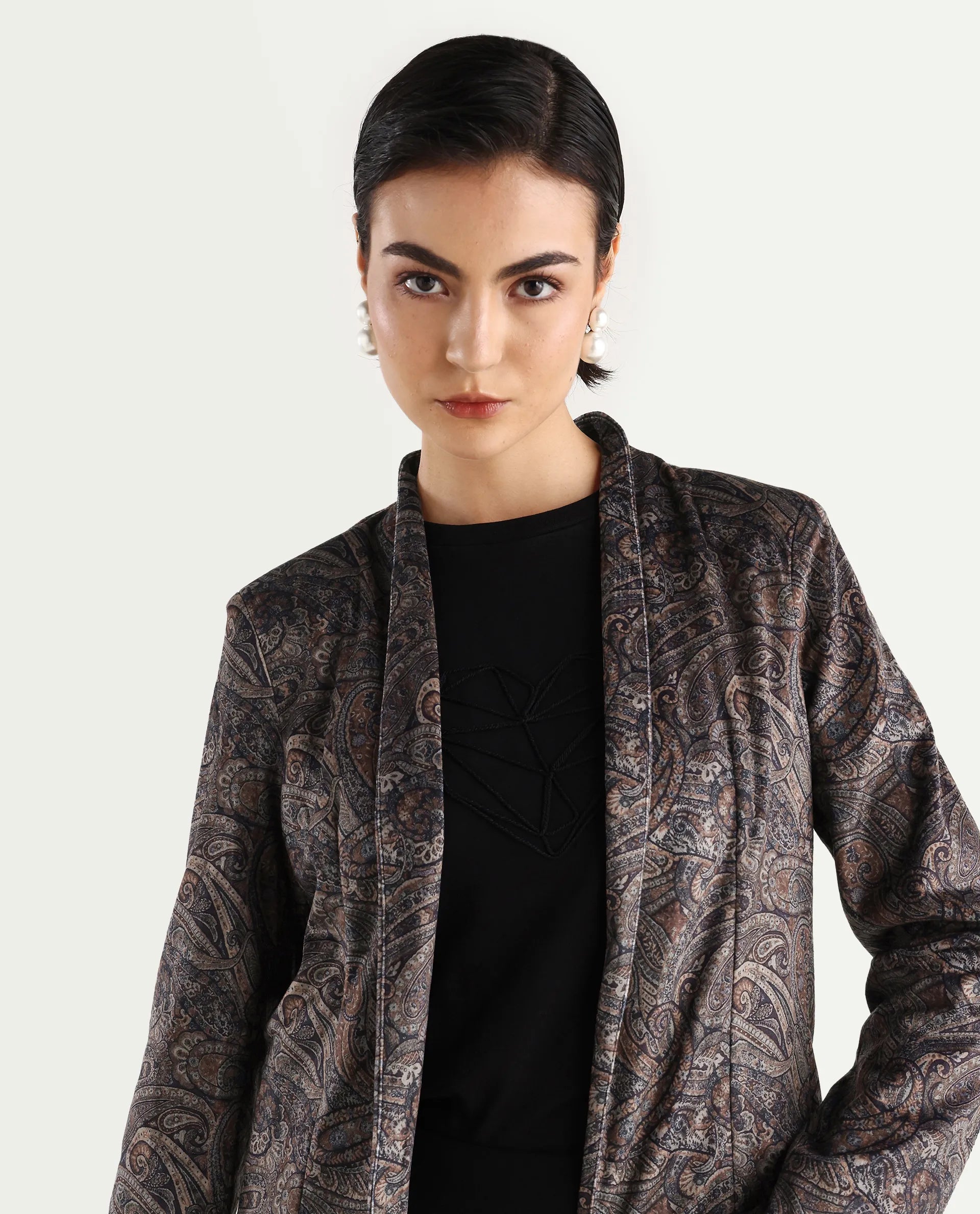 Rareism Women's Resko Multi Velvet Collarless Paisley Print Regular Fit Jacket
