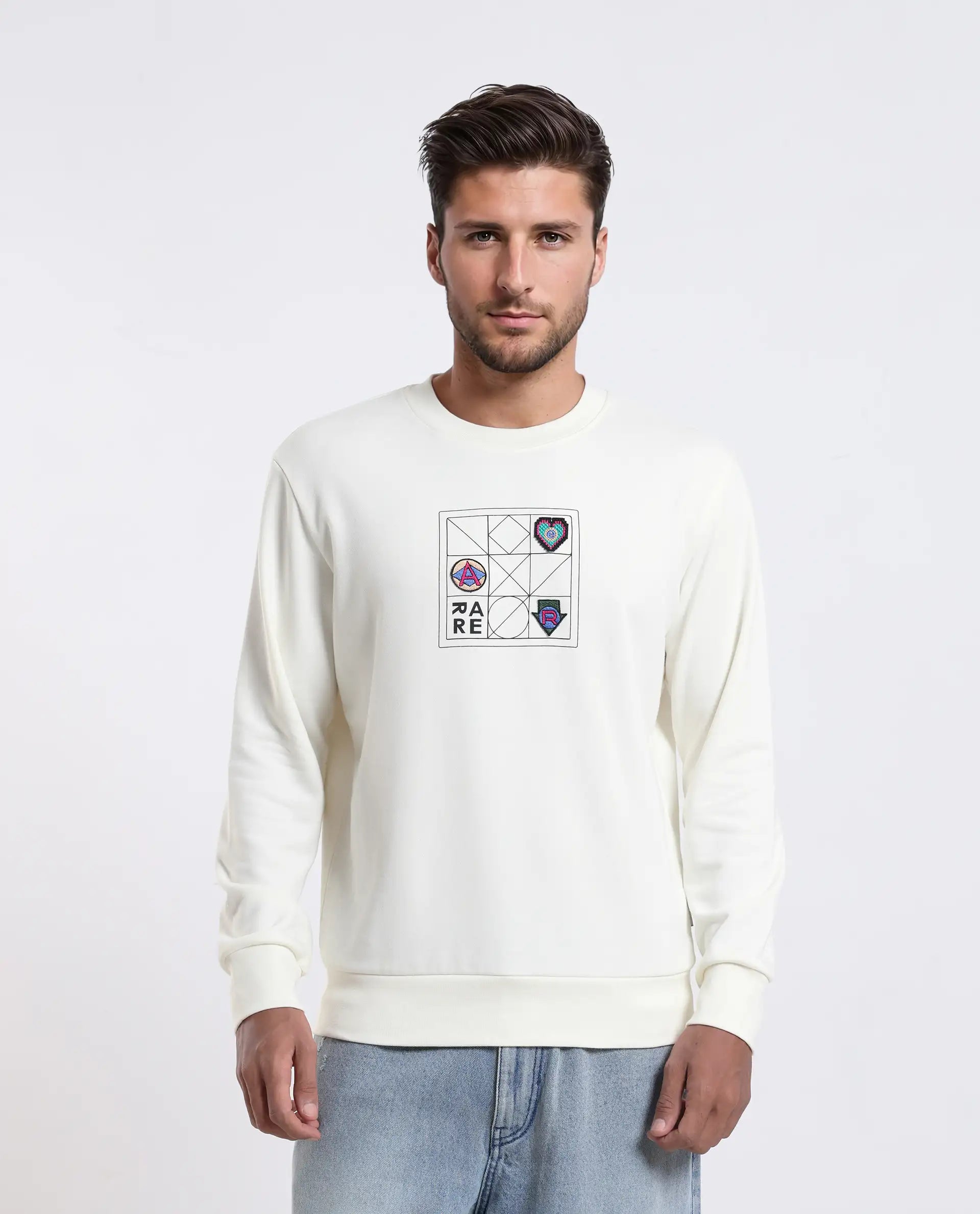 Rare Rabbit Men's Reso Off White Cotton Blend Typography Print Regular Fit Full Sleeve Crew Neck Sweatshirt