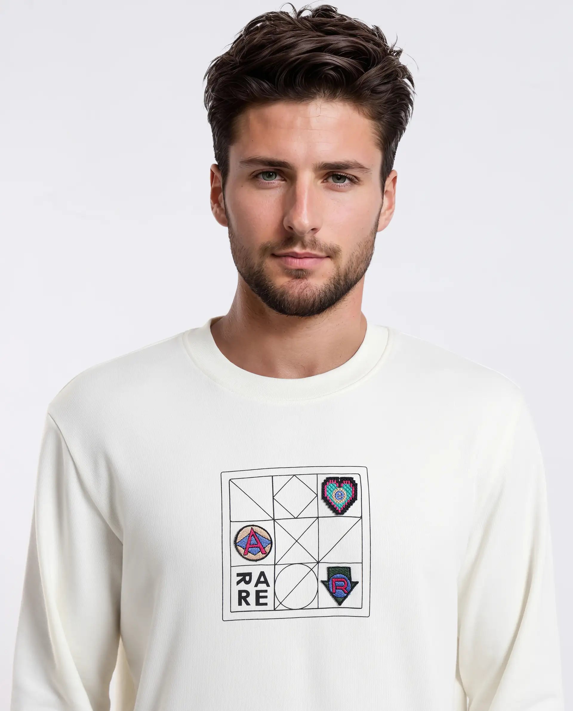 Rare Rabbit Men's Reso Off White Cotton Blend Typography Print Regular Fit Full Sleeve Crew Neck Sweatshirt