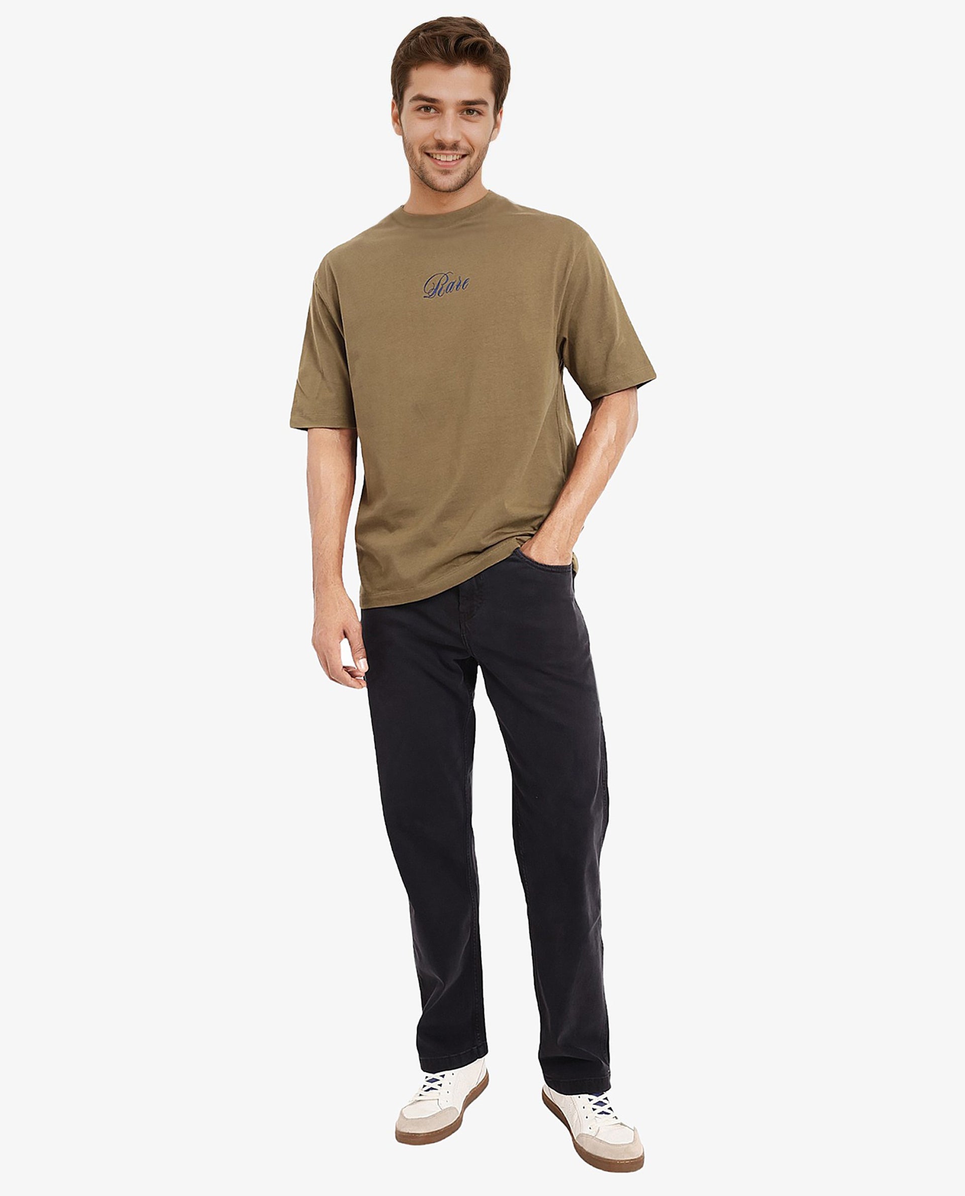 Rare Rabbit Men Reso Olive Cotton Fabric Short Sleeve Crew Neck Oversized Fit Back Graphic Print T-Shirt