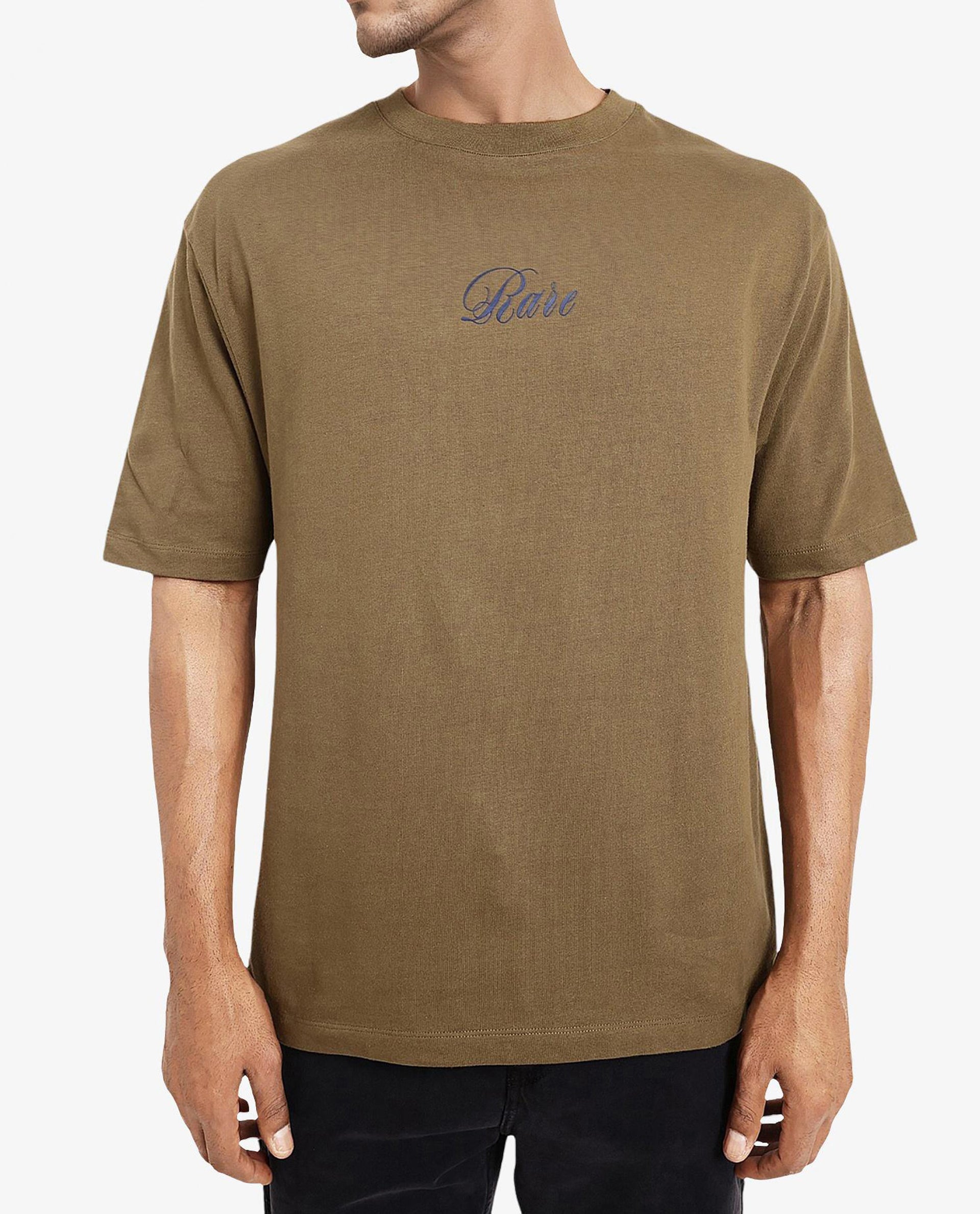 Rare Rabbit Men Reso Olive Cotton Fabric Short Sleeve Crew Neck Oversized Fit Back Graphic Print T-Shirt