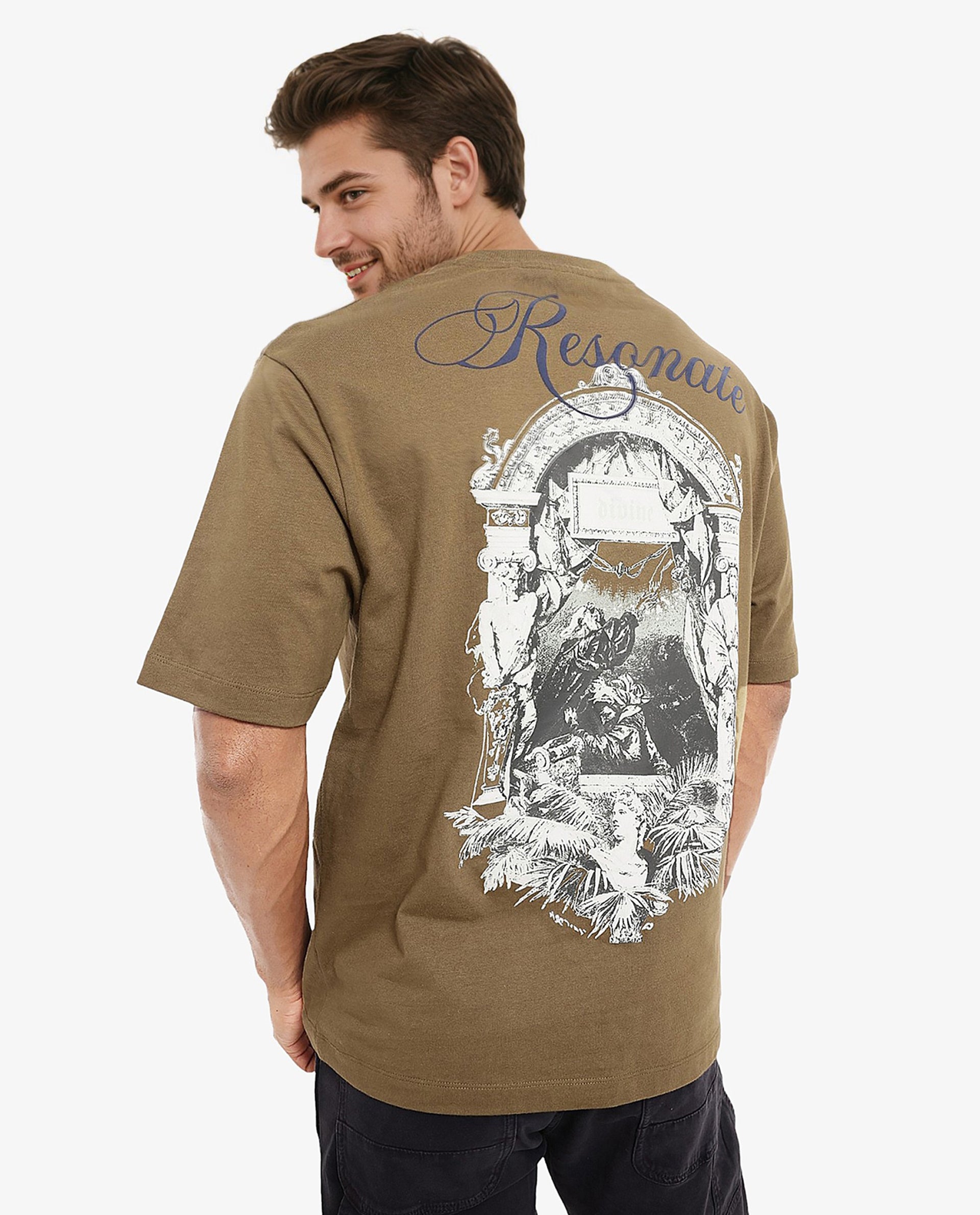 Rare Rabbit Men Reso Olive Cotton Fabric Short Sleeve Crew Neck Oversized Fit Back Graphic Print T-Shirt