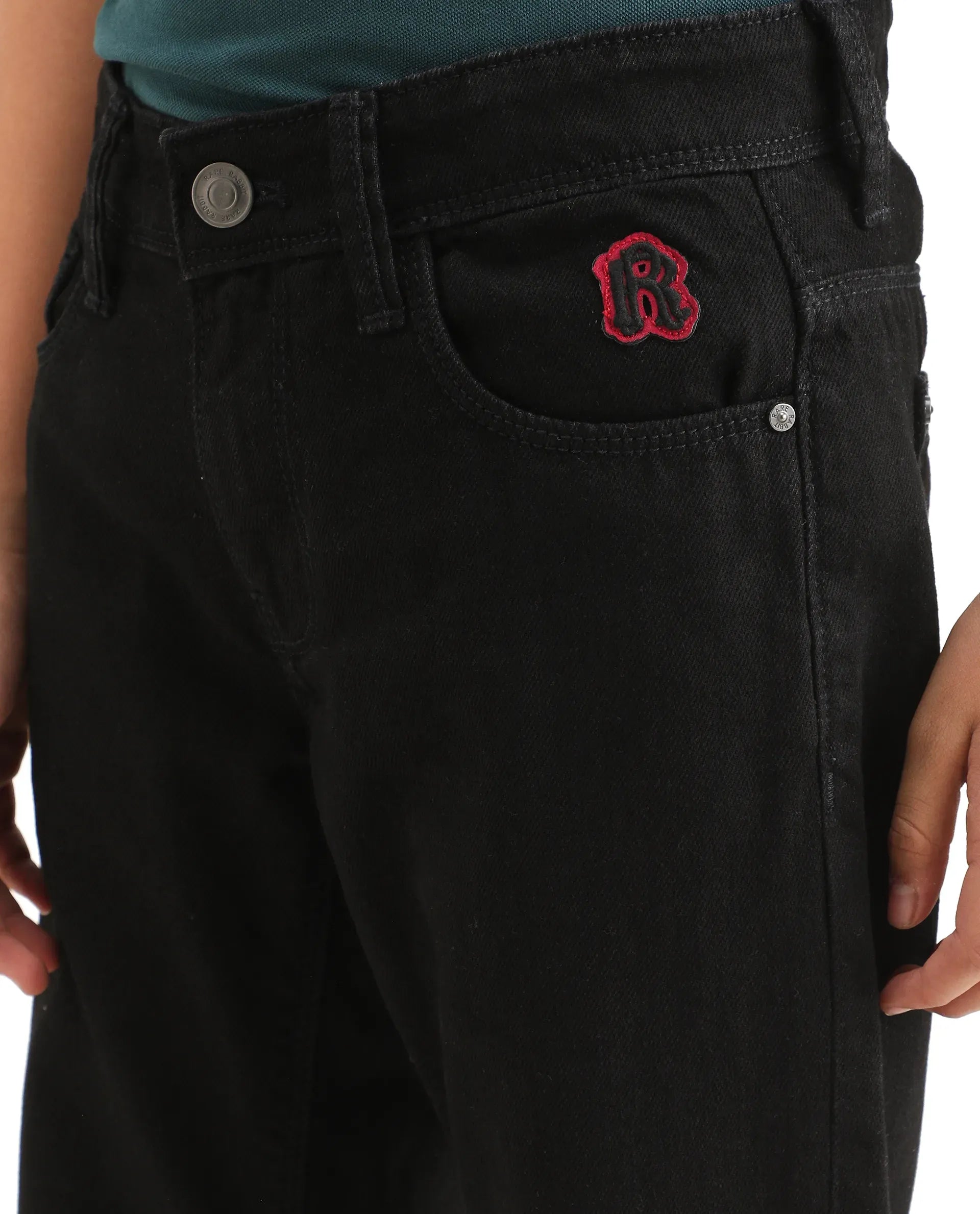 Rare Ones Kids Resto Black Cotton Blend Button And Zipper Closure Plain Regular Fit Jeans