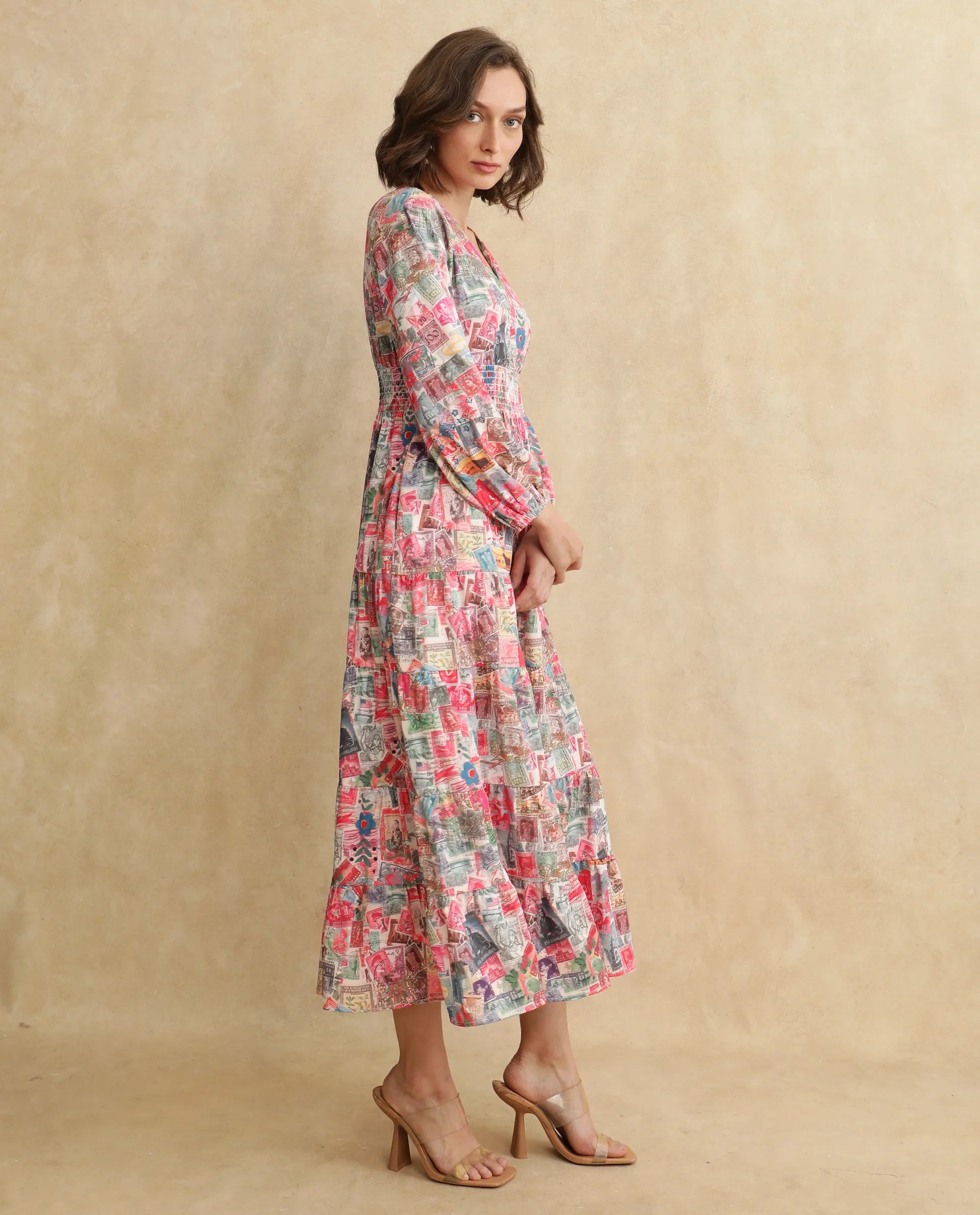 Rareism Women's Reting Light Multi Satin Fabric V-Neck  Full Sleeve Object Print Fit And Flare Maxi Dress