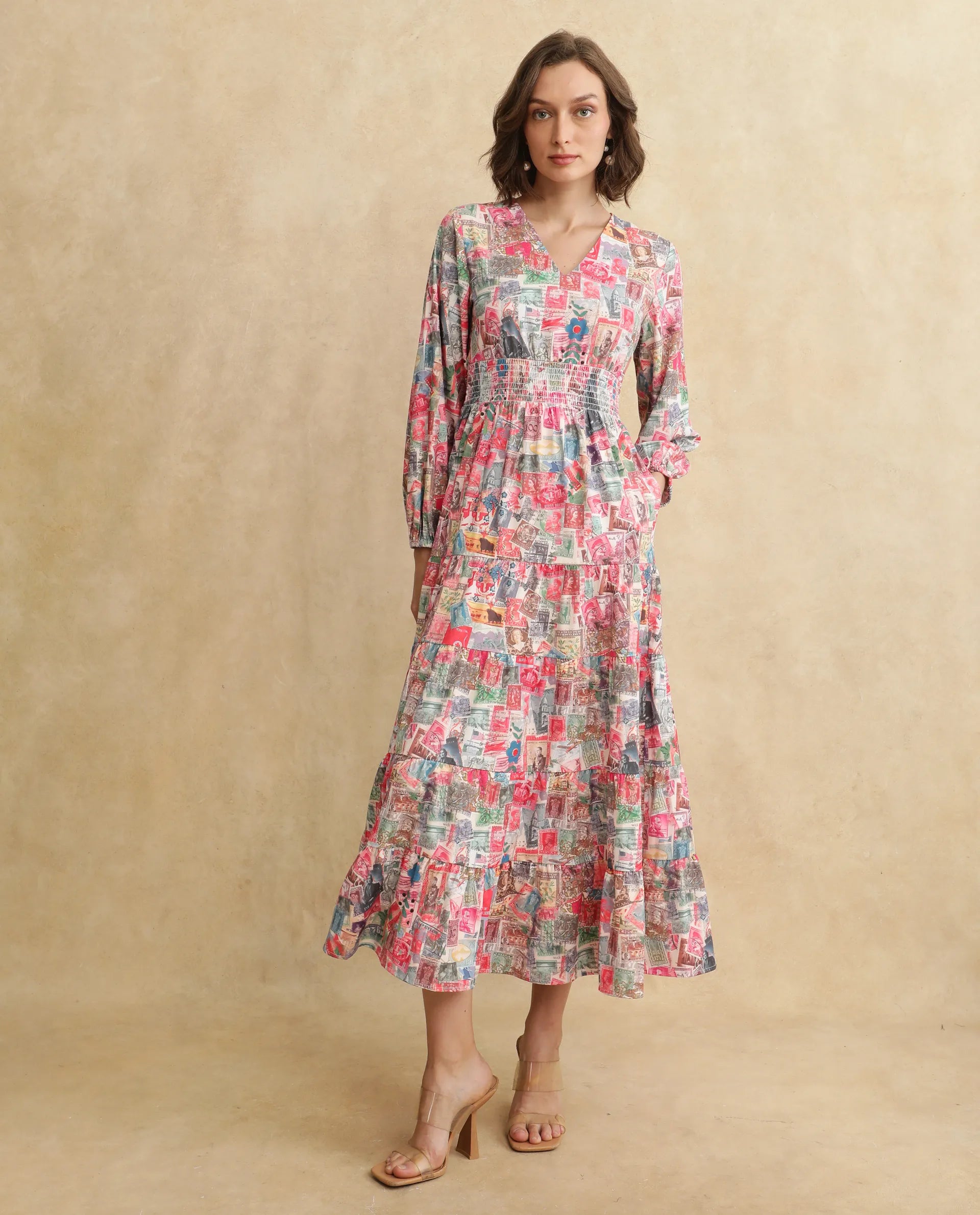 Rareism Women's Reting Light Multi Satin Fabric V-Neck  Full Sleeve Object Print Fit And Flare Maxi Dress