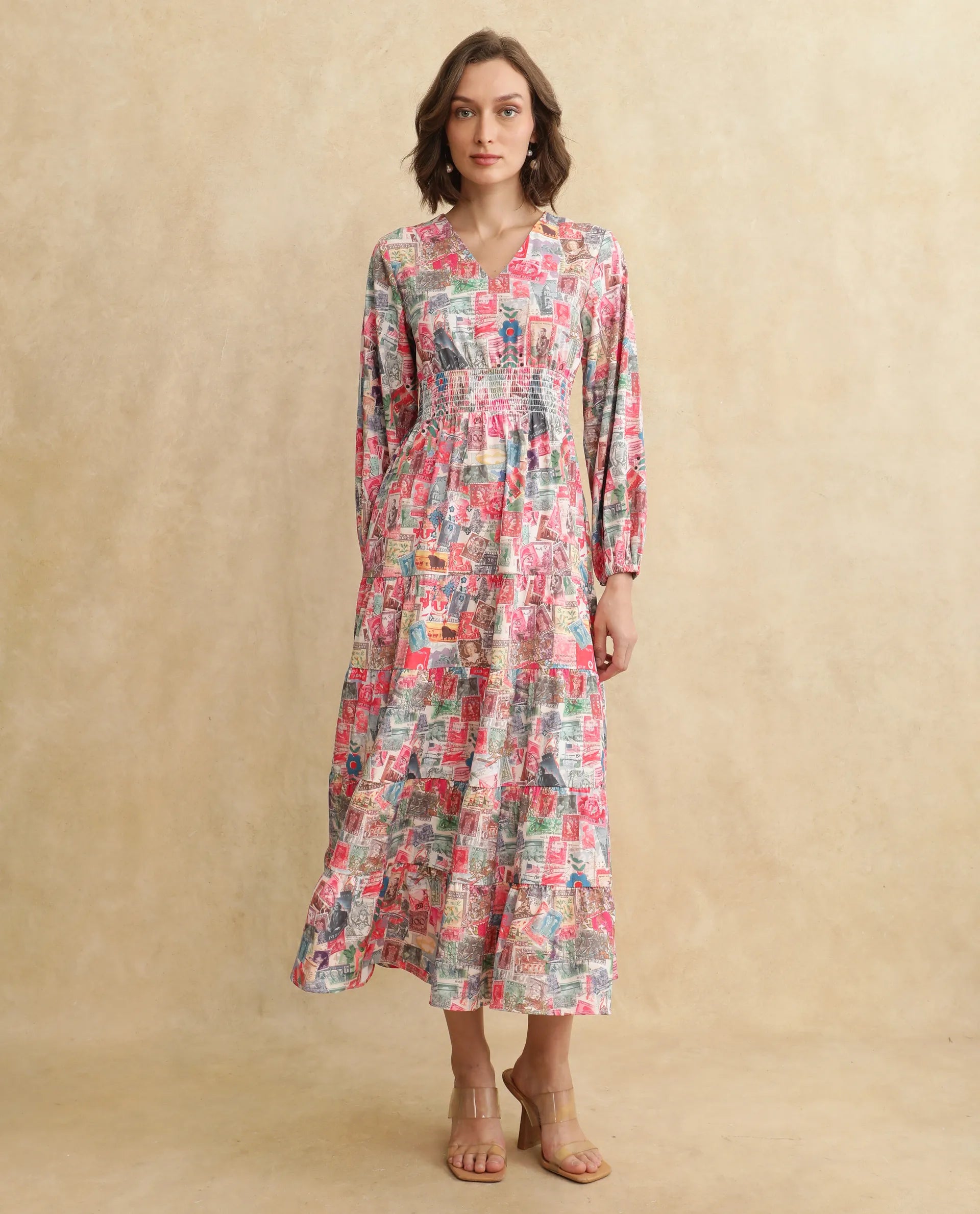 Rareism Women's Reting Light Multi Satin Fabric V-Neck  Full Sleeve Object Print Fit And Flare Maxi Dress